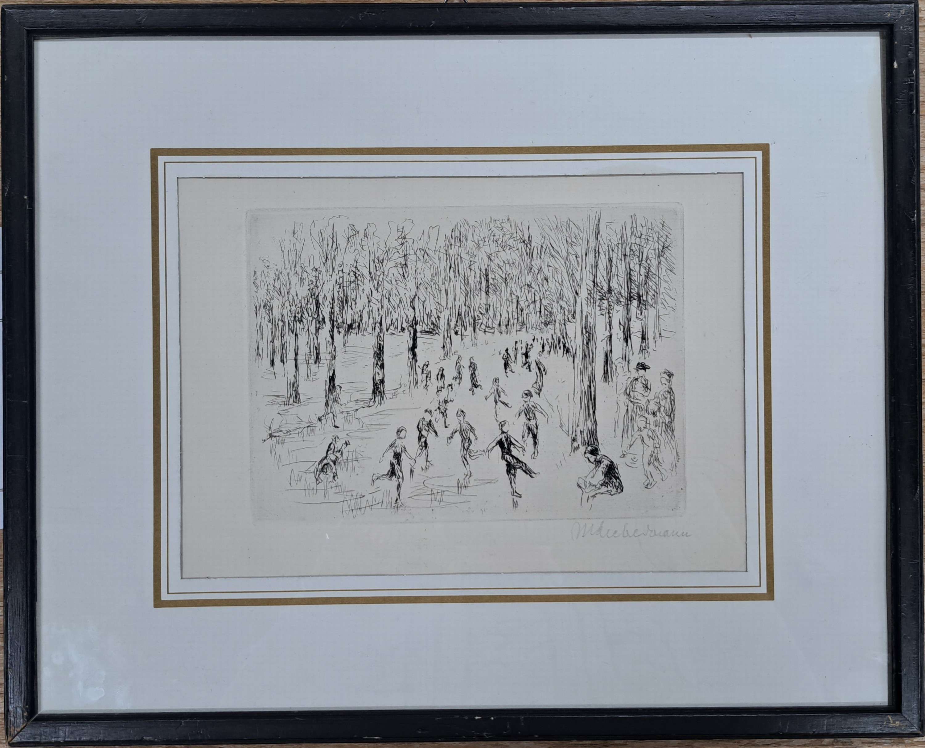 Detail h: Max Liebermann, 1847-1935, signierte Orig. Radierung 1923, Titel: Eislauf- WVZ Achenbach 1974 Nr. 59 b , unter Glas in alten Rahmen, Plattengr. ...