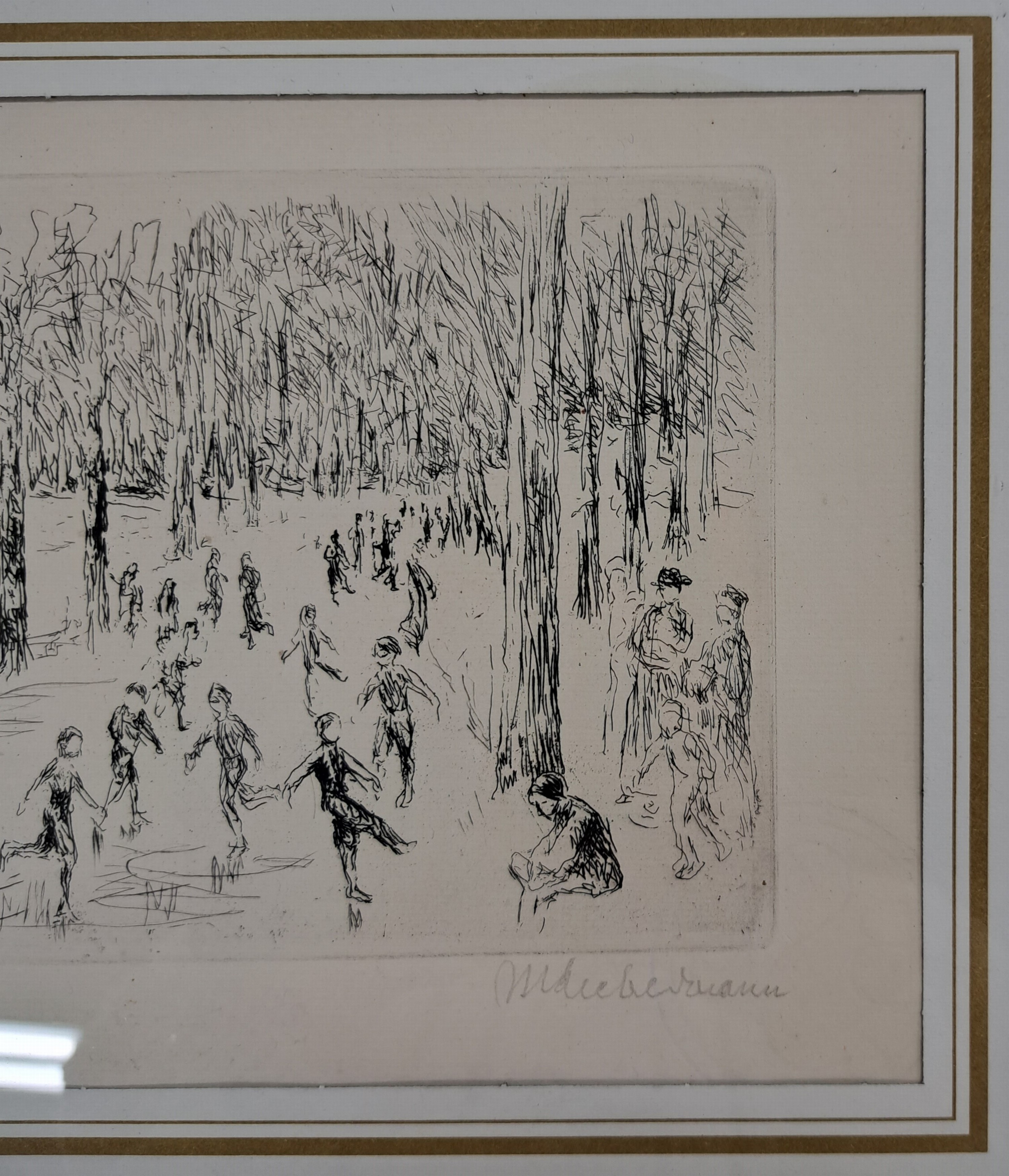 Detail i: Max Liebermann, 1847-1935, signierte Orig. Radierung 1923, Titel: Eislauf- WVZ Achenbach 1974 Nr. 59 b , unter Glas in alten Rahmen, Plattengr. ...