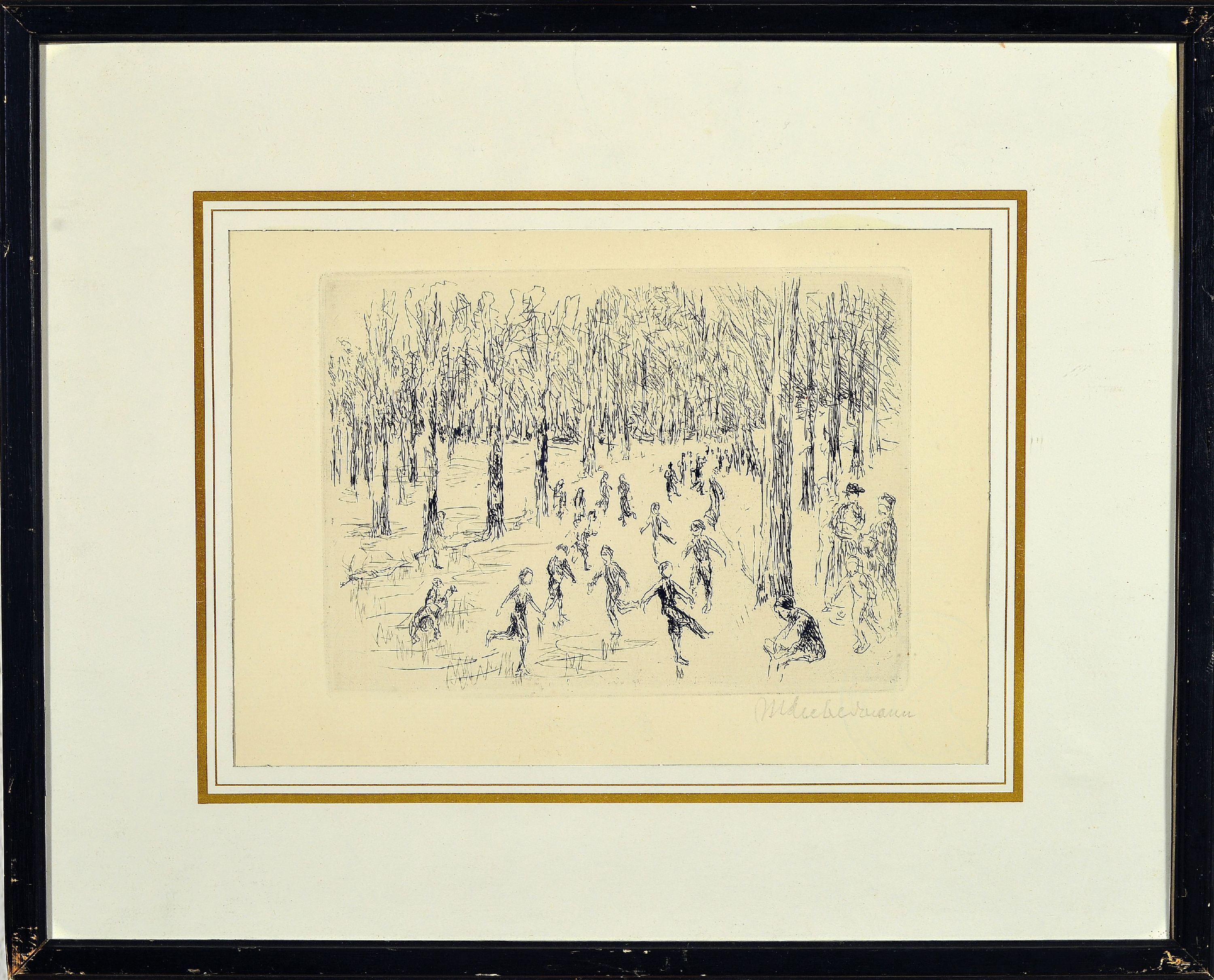 Detail k: Max Liebermann, 1847-1935, signierte Orig. Radierung 1923, Titel: Eislauf- WVZ Achenbach 1974 Nr. 59 b , unter Glas in alten Rahmen, Plattengr. ...