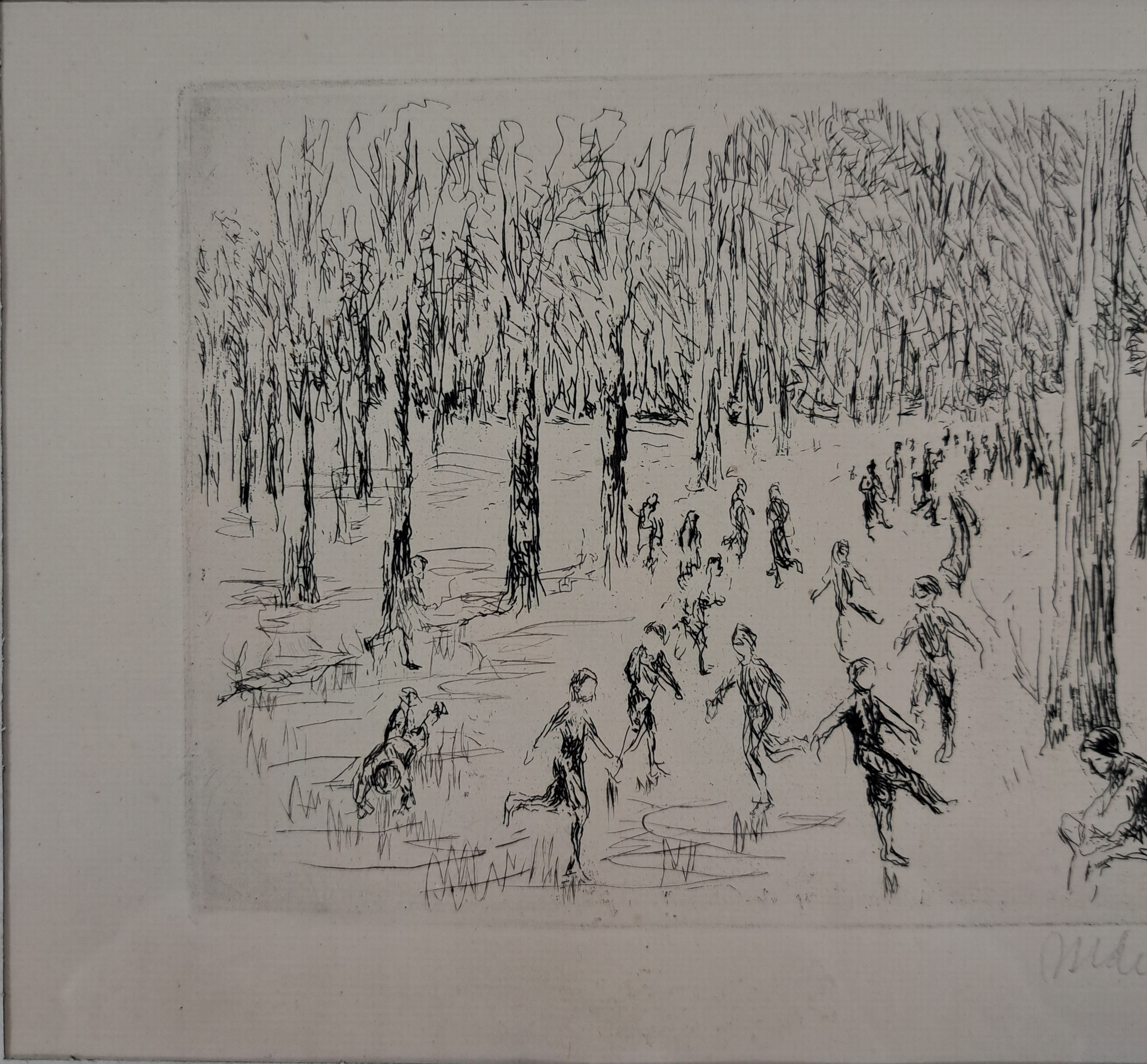Detail m: Max Liebermann, 1847-1935, signierte Orig. Radierung 1923, Titel: Eislauf- WVZ Achenbach 1974 Nr. 59 b , unter Glas in alten Rahmen, Plattengr. ...