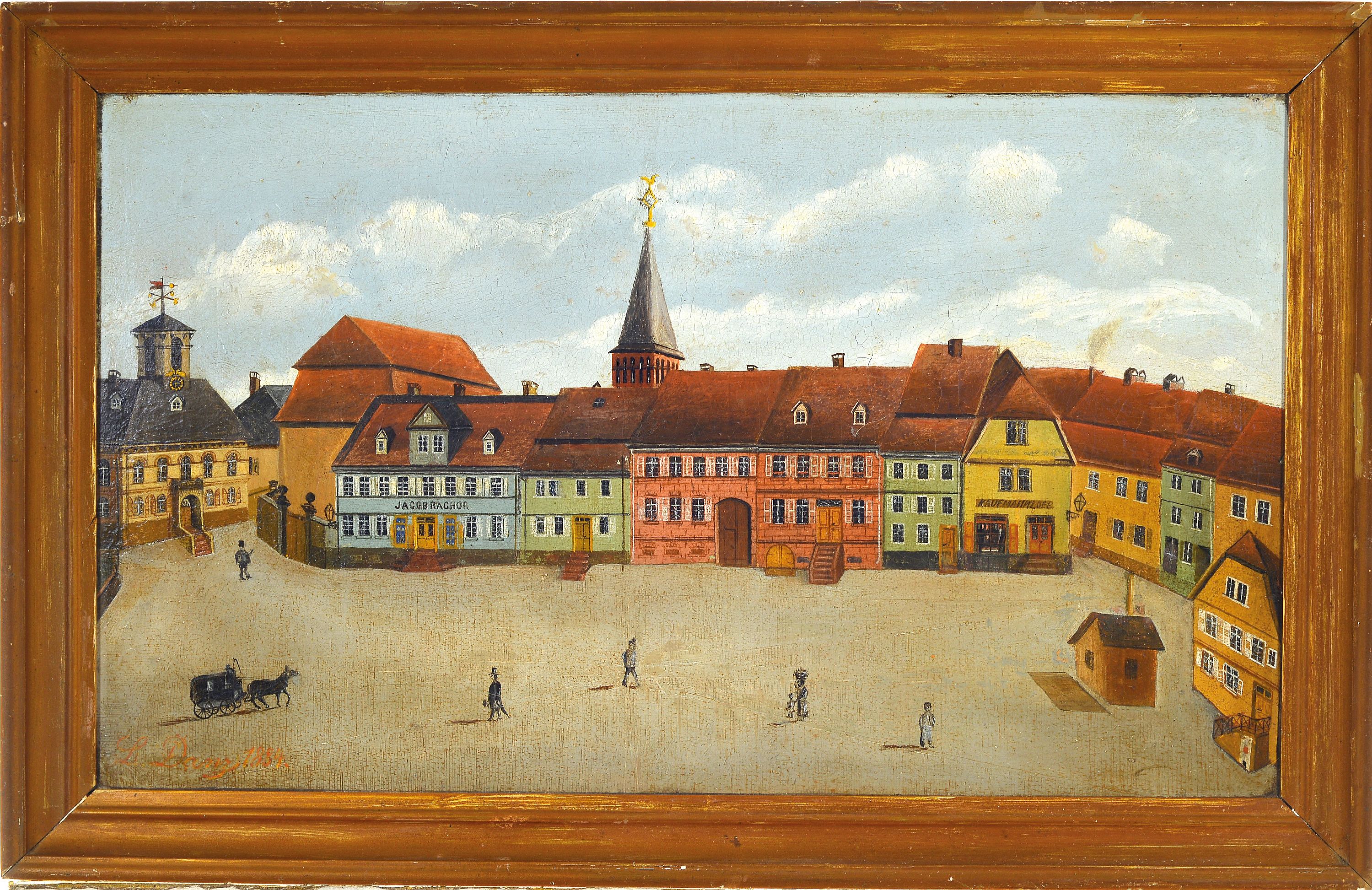 Detail k: Lorenz Danz, 1856 Dieburg, Ansicht des Marktplatzes zu Dieburg von 1884, links unten signiert und datiert, Öl/Karton, 70x43 cm, Rahmen 74x47 cm