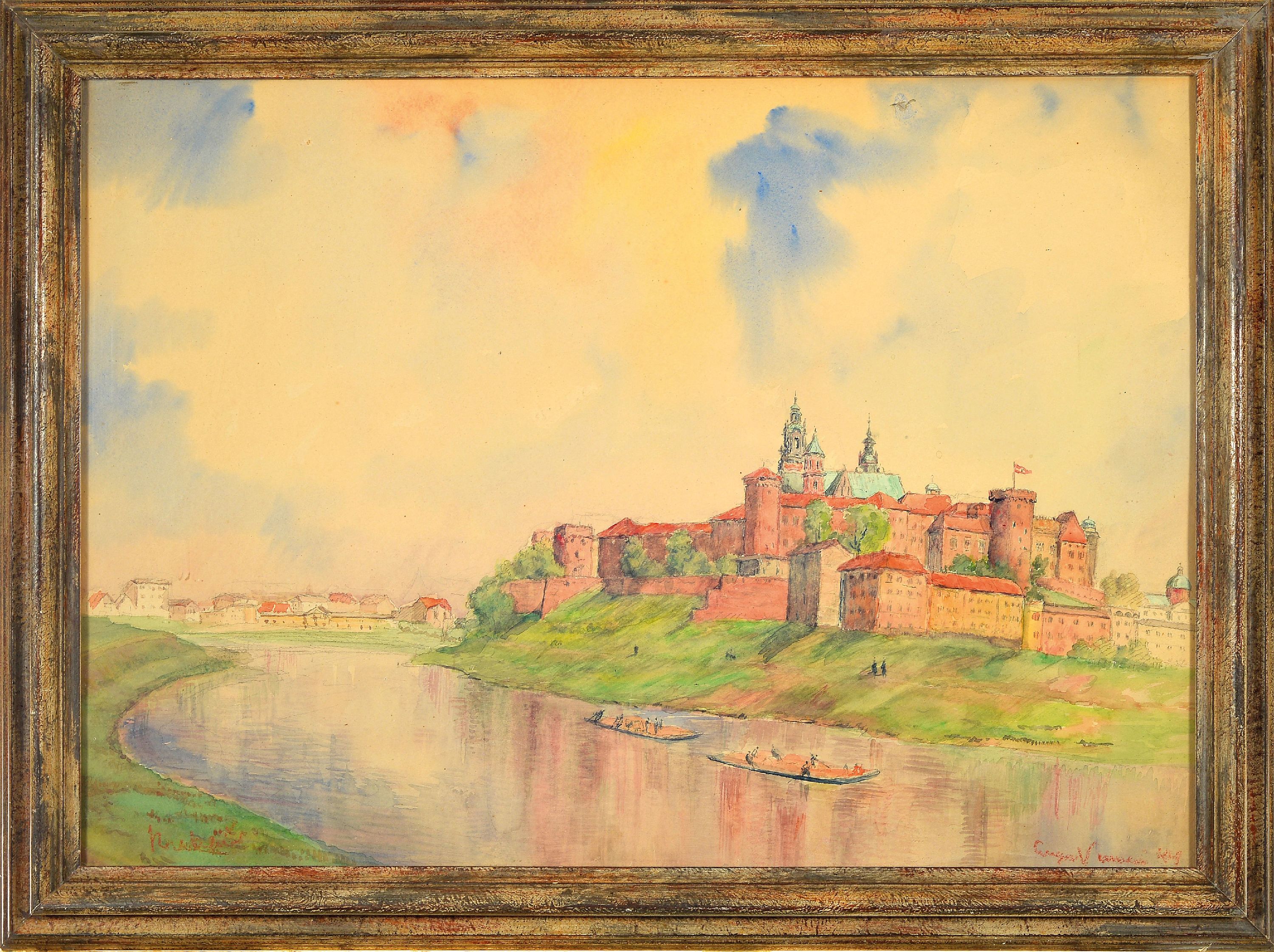 Detail k: Eugen Vinnai, 1889 Ötisheim- 1961 Chiemsee, Blick auf Krakau mit Wawel-Schloss, Aquarell, unter Glas gerahmt 44x56 cm