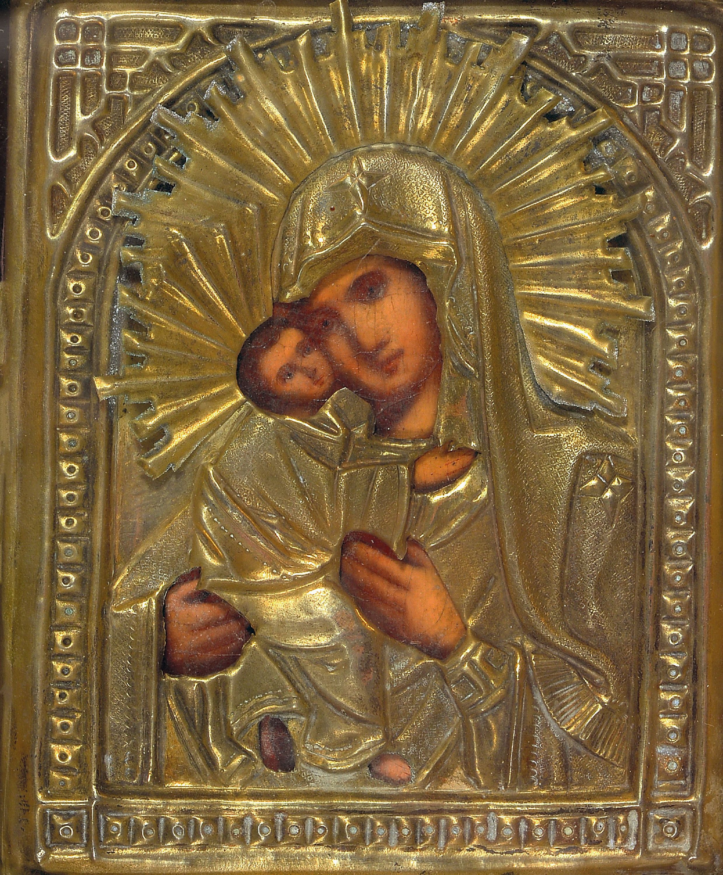 Image 27050833 - Marienikone, Russland, 19.Jh., Maria Glykophilousa, Oklad vergoldet, Tempera auf Holz, ...