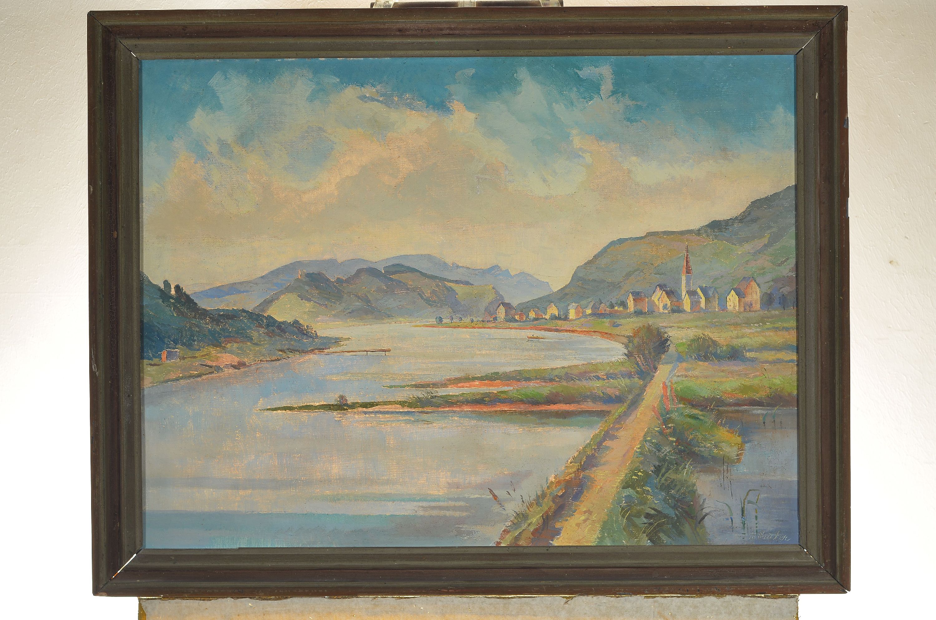Detail k: Erich Sauter, 1905-2001, "Mosellandschaft (Merl)", verso auf altem Etikett bez., rechts unten signiert, Öl/Lwd, 60x80 cm, Rahmen 70x90cm