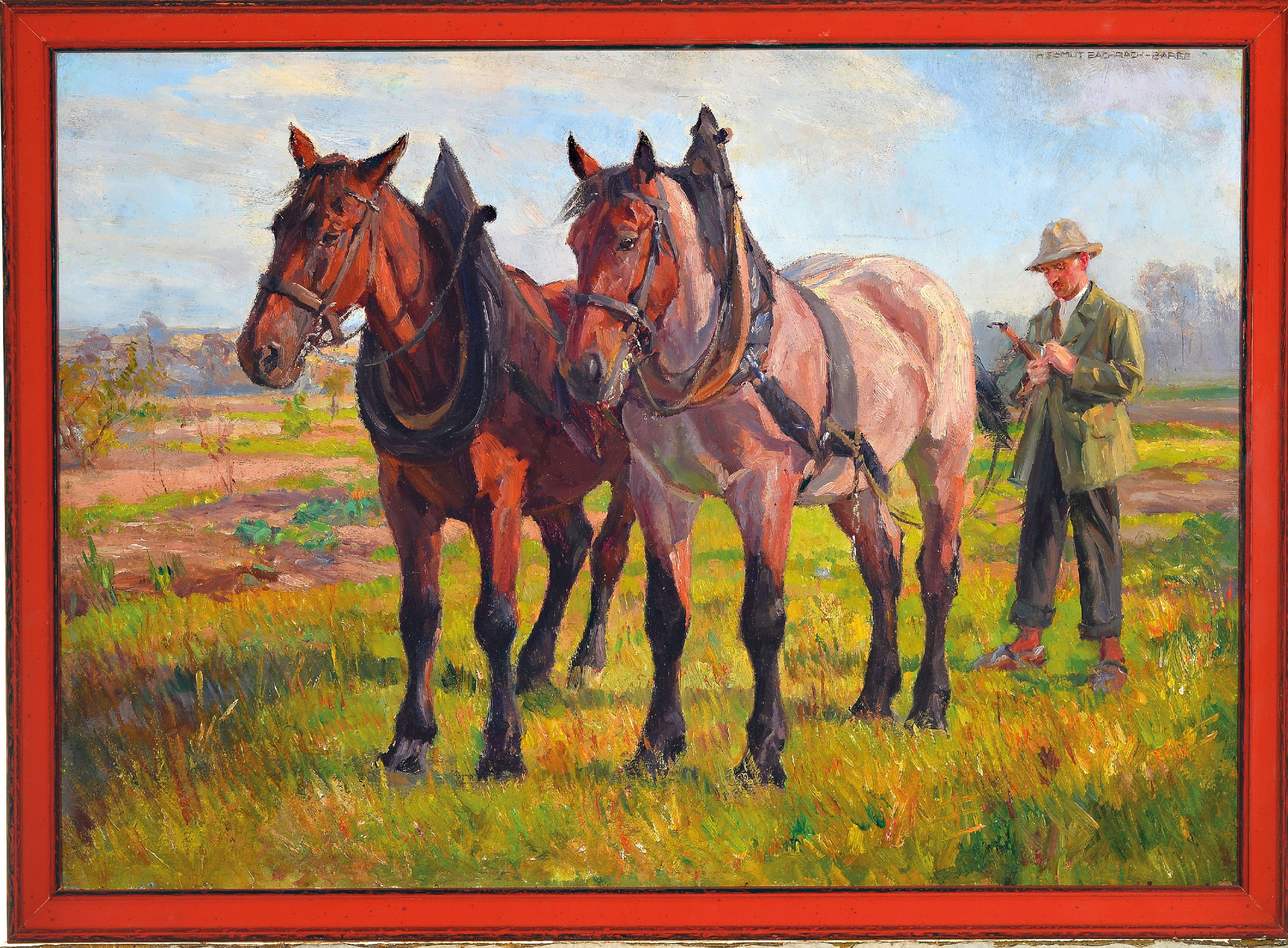 Detail k: Hellmut Bacharach-Baree, 1898-1964 München, Schüler von Heinrich von Zügel, Bauer mit einem Paar Zugpferde, rechts oben signiert, Öl/Lwd, 51x72 ...