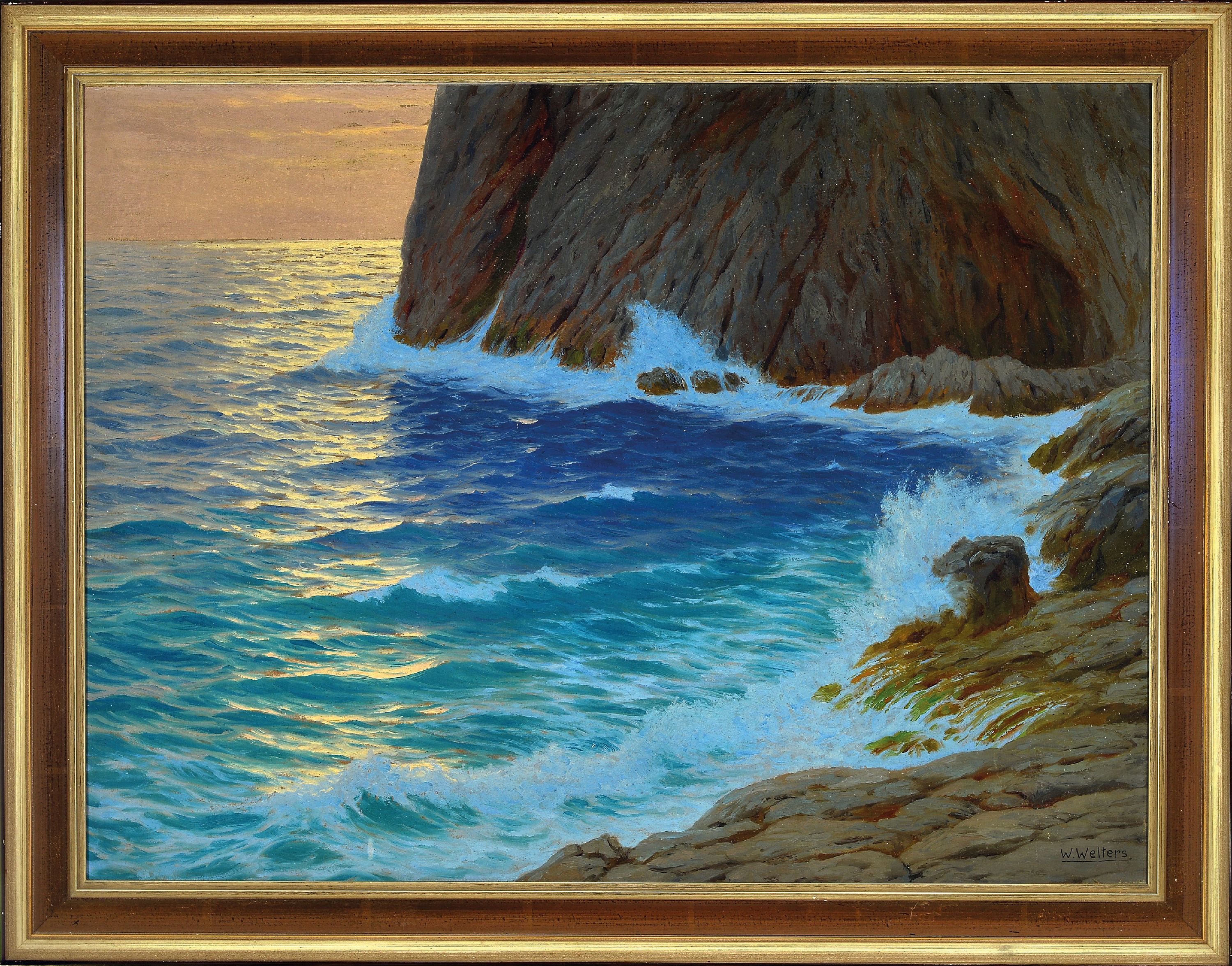 Detail k: Willem Welters, 1881 Rotterdam-1972 Bordighera, Küstenbrandung im Morgenlicht, rechts unten signiert, Öl/Lwd, 47x61 cm, Rahmen 54x70 cm