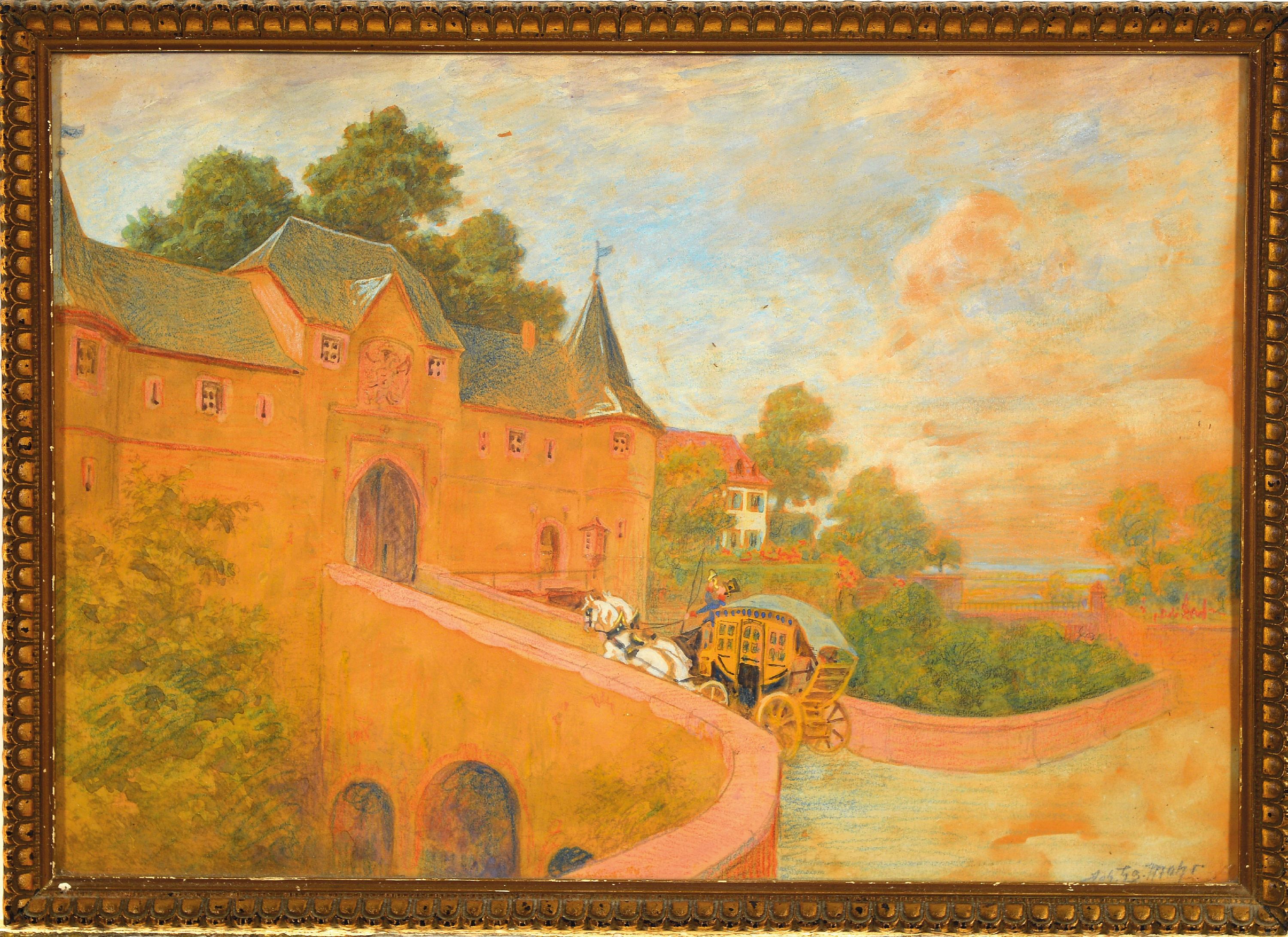 Detail k: Johann Georg Mohr, 1864-1943 Frankfurt am Main, Aquarell und Farbstift auf Papier, Postkutsche bei der Einfahrt in eine Schlossanlage, verso ...
