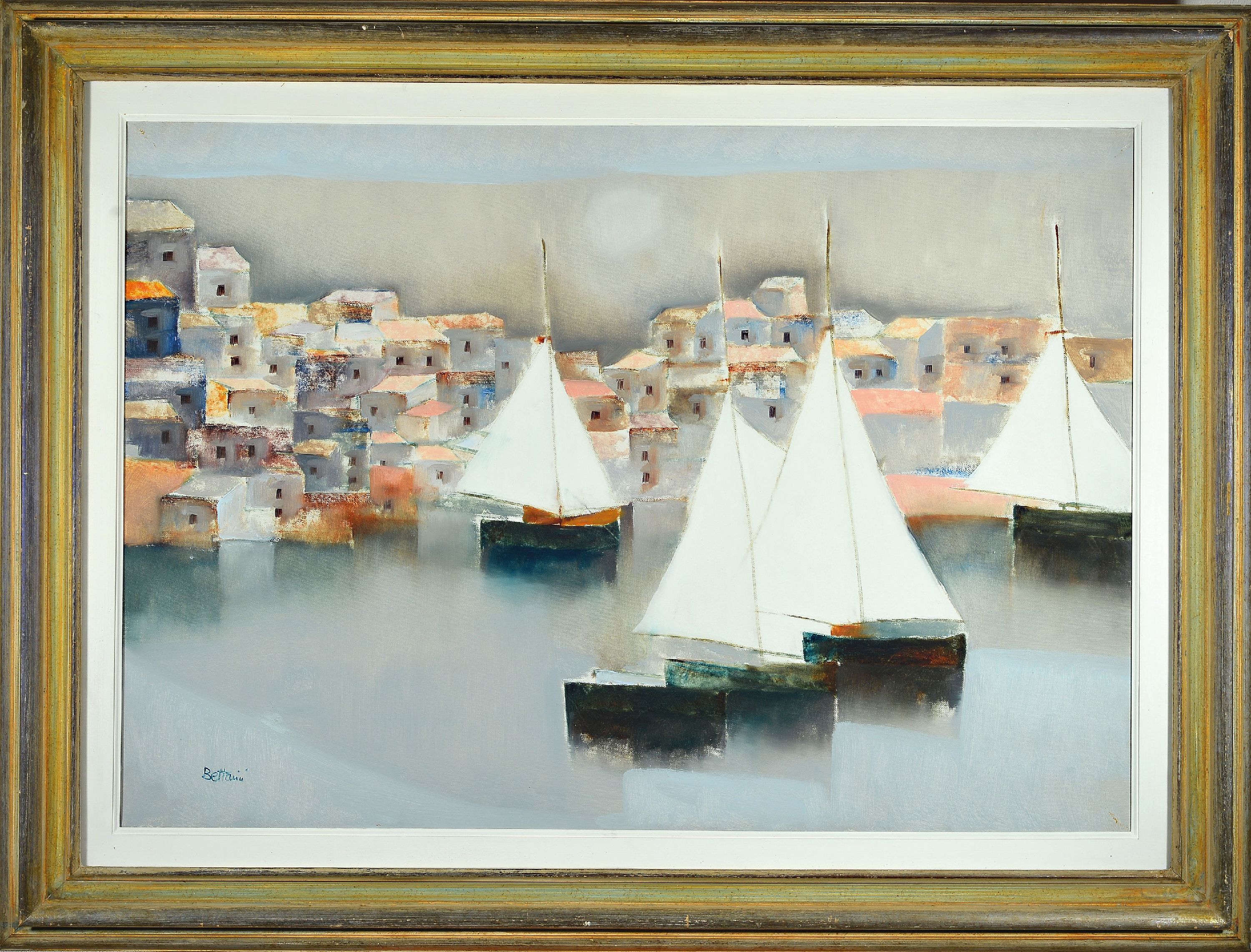 Detail k: Lido Bettarini, geb. 1927, Pomino-Rufina, Seeblick, südliche Hafenansicht mit Segelbooten, Öl/Lwd, signiert, auch rückseitig signiert, ca. 70 x ...
