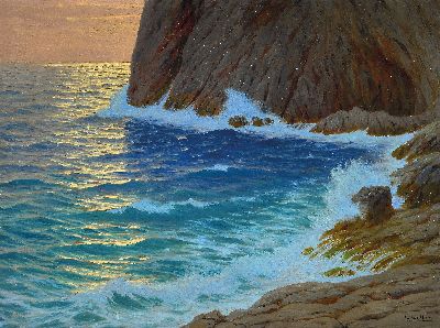 Image Willem Welters, 1881 Rotterdam-1972 Bordighera, Küstenbrandung im Morgenlicht, rechts ...