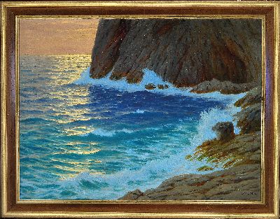 27050849k - Willem Welters, 1881 Rotterdam-1972 Bordighera, Küstenbrandung im Morgenlicht, rechts ...