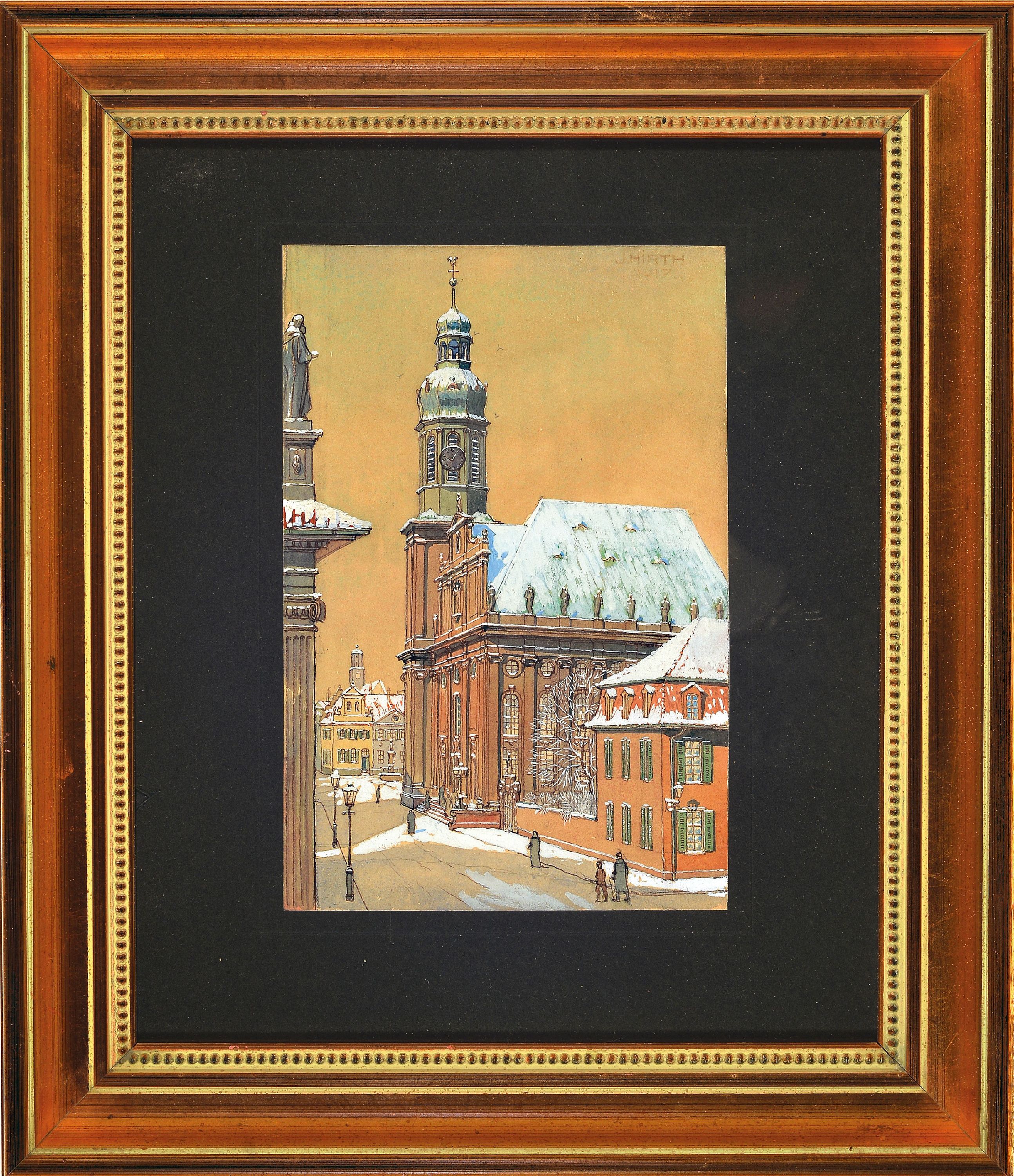 Detail k: Johannes Clemens Hirth, geb. 1887 Offenbach , Ansicht einer Kirche wohl in Offenbach, Tusche/Aquarell auf Pappe, rechts oben signiert und datiert ...