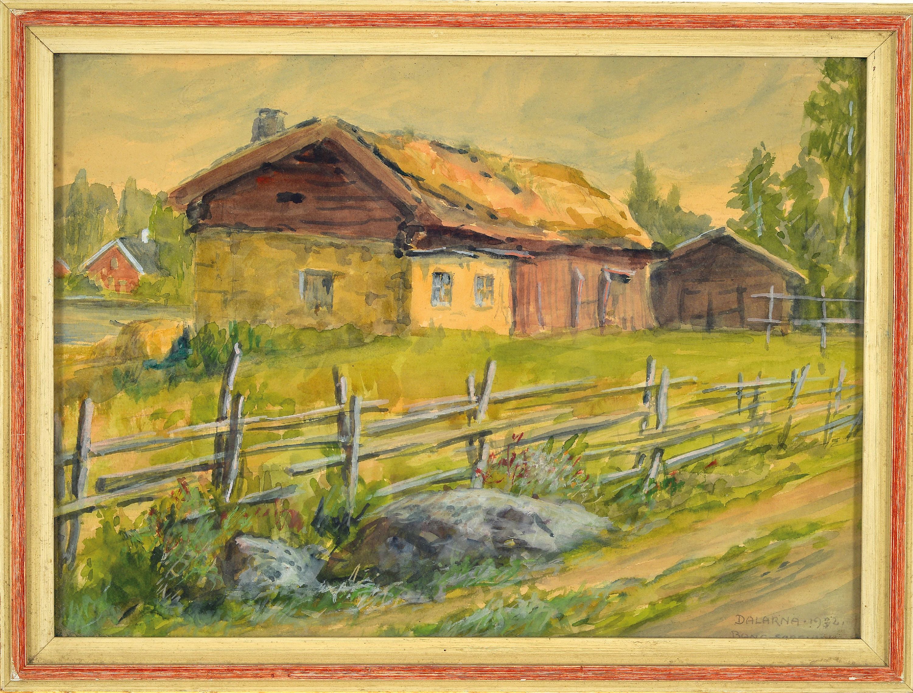 Detail k: Michael Bang-Sorensen, 1884-1967, "Dalarna", Dorflandschaft, Aquarell, signiert und datiert 1932, unter Glas gerahmt, 28x36 cm