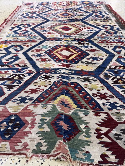 27050975g - Aydin Kelim, Türkei, um 1900, Wolle auf Wolle, ca. 265 x 160 cm, 2 bahnig, EHZ: 3, ...