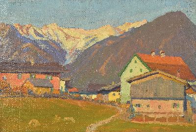 Image Johannes Schütz, Ölstudie, alpenländisches Dorf vor Bergpanorama, Öl/Lwd, Rahmen ...