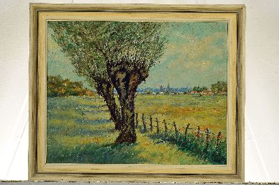 27050984k - Johannes Schütz, Ölstudie, alpenländisches Dorf vor Bergpanorama, Öl/Lwd, Rahmen ...