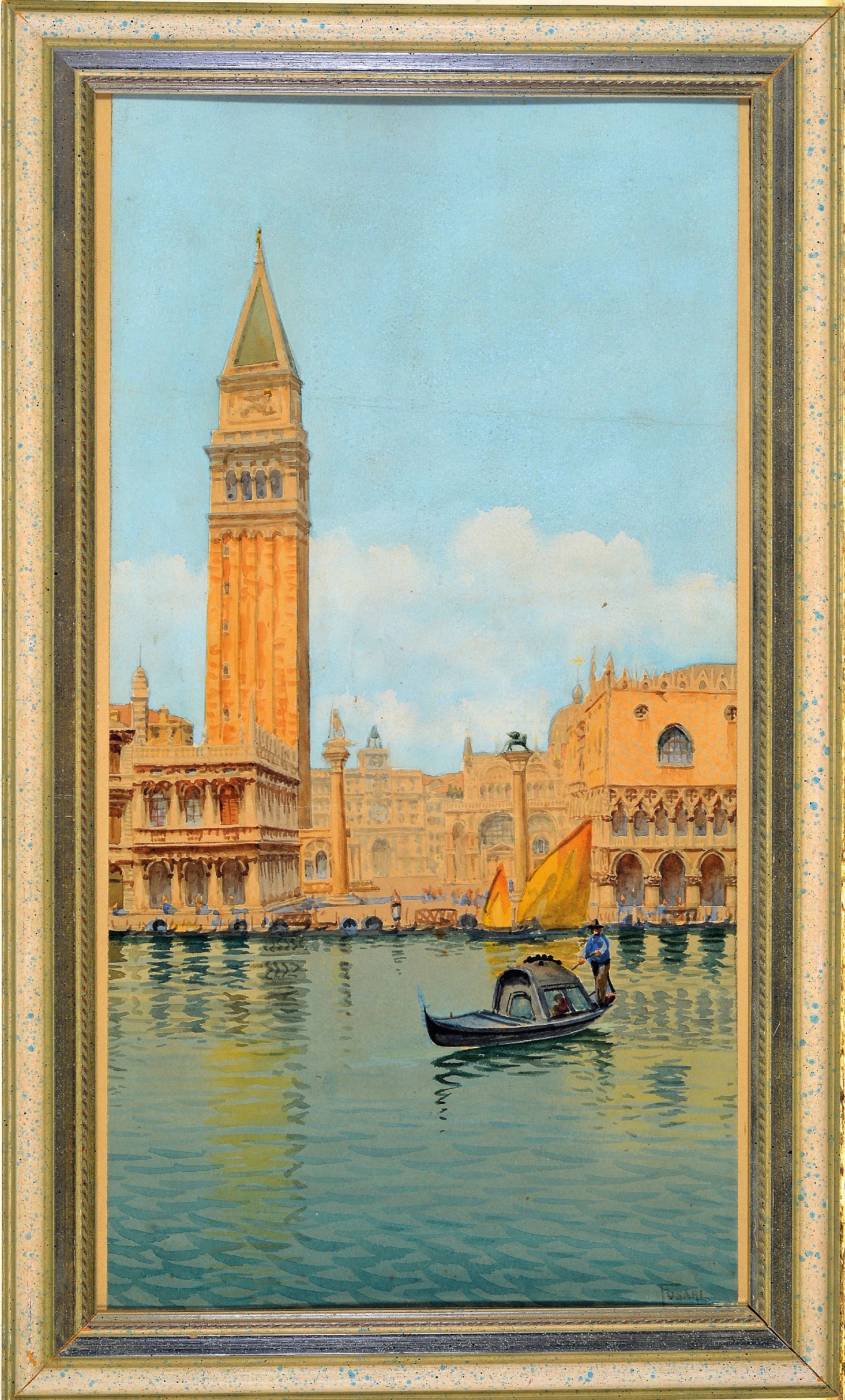 Detail k: Fusari, italienischer Künstler der Jahrhundertwende, Ansicht aus Venedig, San Marco, Aquarell, signiert, unter Glas gerahmt 45x27 cm