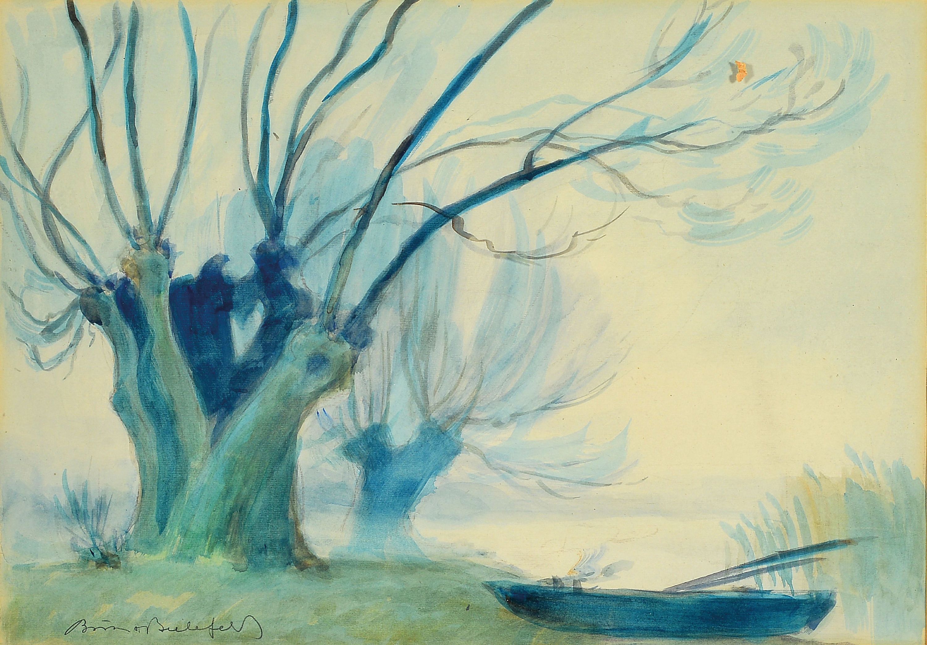 Detail a: Bruno Bielefeld, 1879 Blumenau-1973 Berlin-Steglitz, 2 Werke: Auenlandschaften mit Kopfweiden, 1x Aquarell, 1x Öl/Platte, je signiert, Rahmen ...