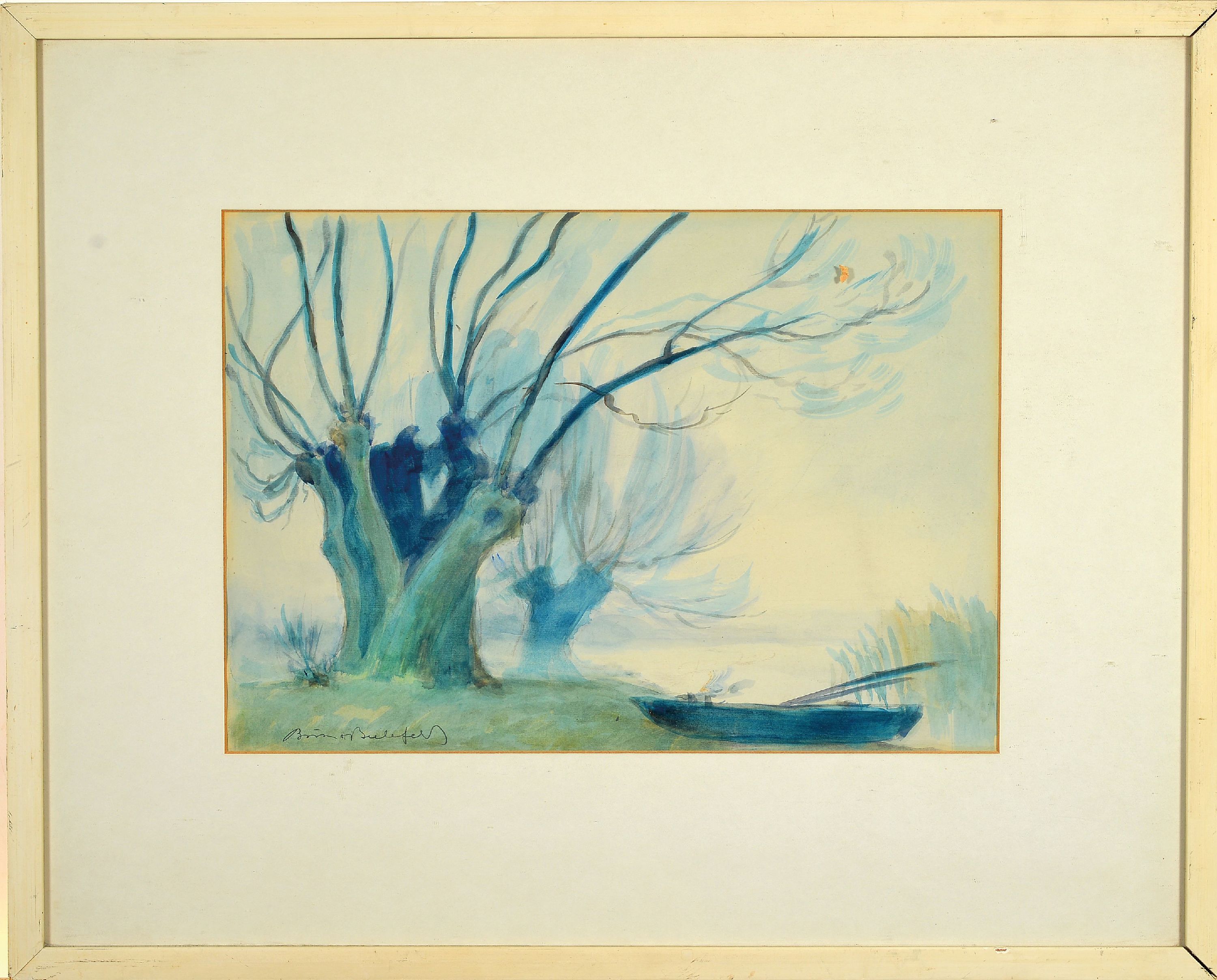 Detail l: Bruno Bielefeld, 1879 Blumenau-1973 Berlin-Steglitz, 2 Werke: Auenlandschaften mit Kopfweiden, 1x Aquarell, 1x Öl/Platte, je signiert, Rahmen ...