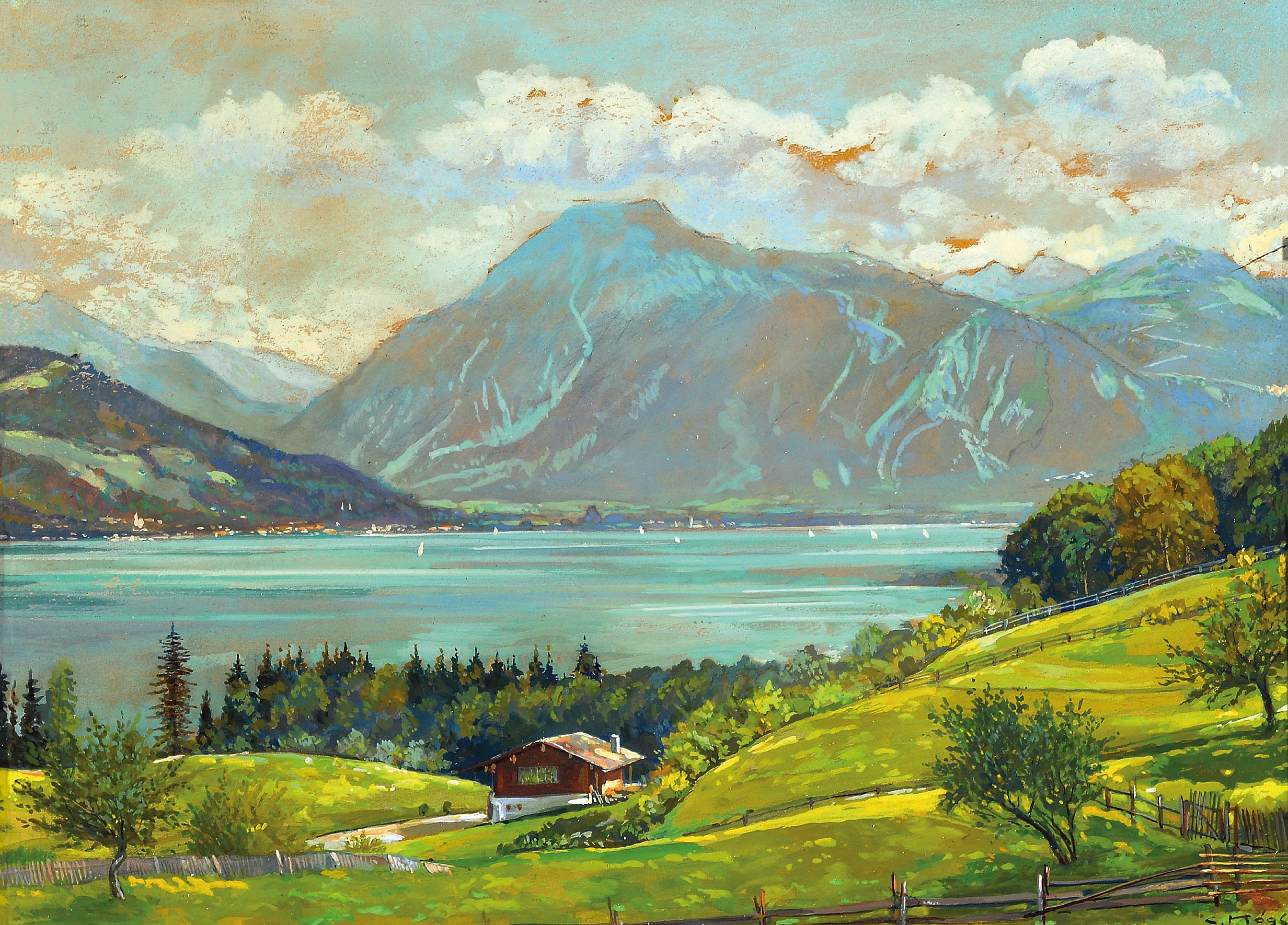 Image 27051029 - Carl M. Kögl, 1873-1946, Ansicht des Tegernsee, Gouache, rechts unten signiert, unter ...