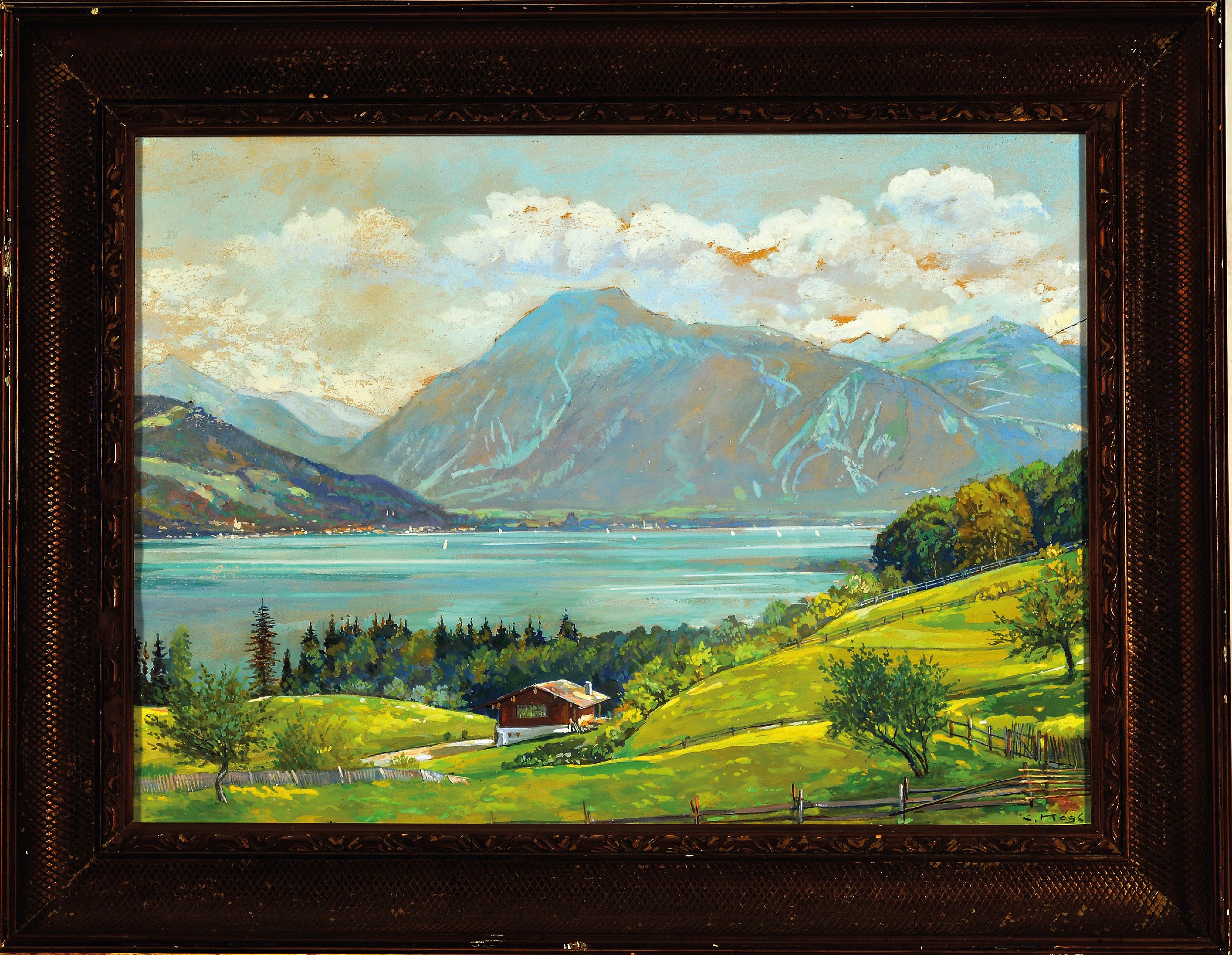 Detail k: Carl M. Kögl, 1873-1946, Ansicht des Tegernsee, Gouache, rechts unten signiert, unter Glas gerahmt 35x45 cm