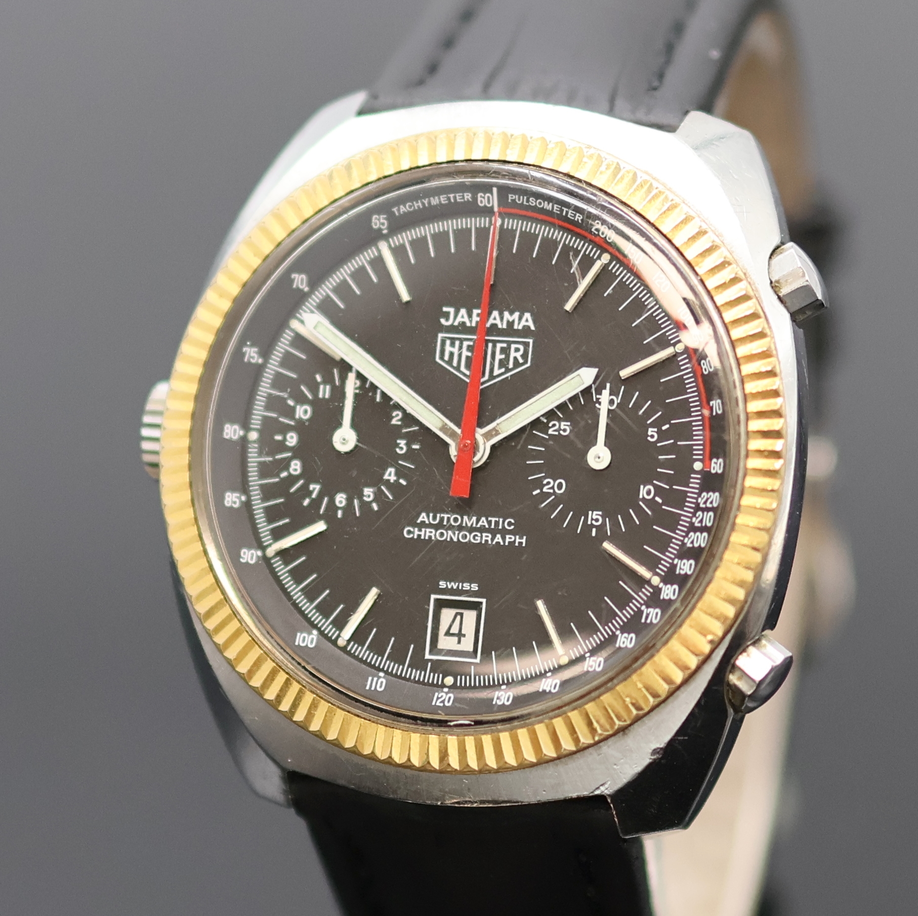 Detail a: HEUER Jarama seltener Armbandchronograph Referenz 110.245, Schweiz um 1981, Automatik, tonneauförmiges Edelstahlgeh., Lünette verg., Boden ...