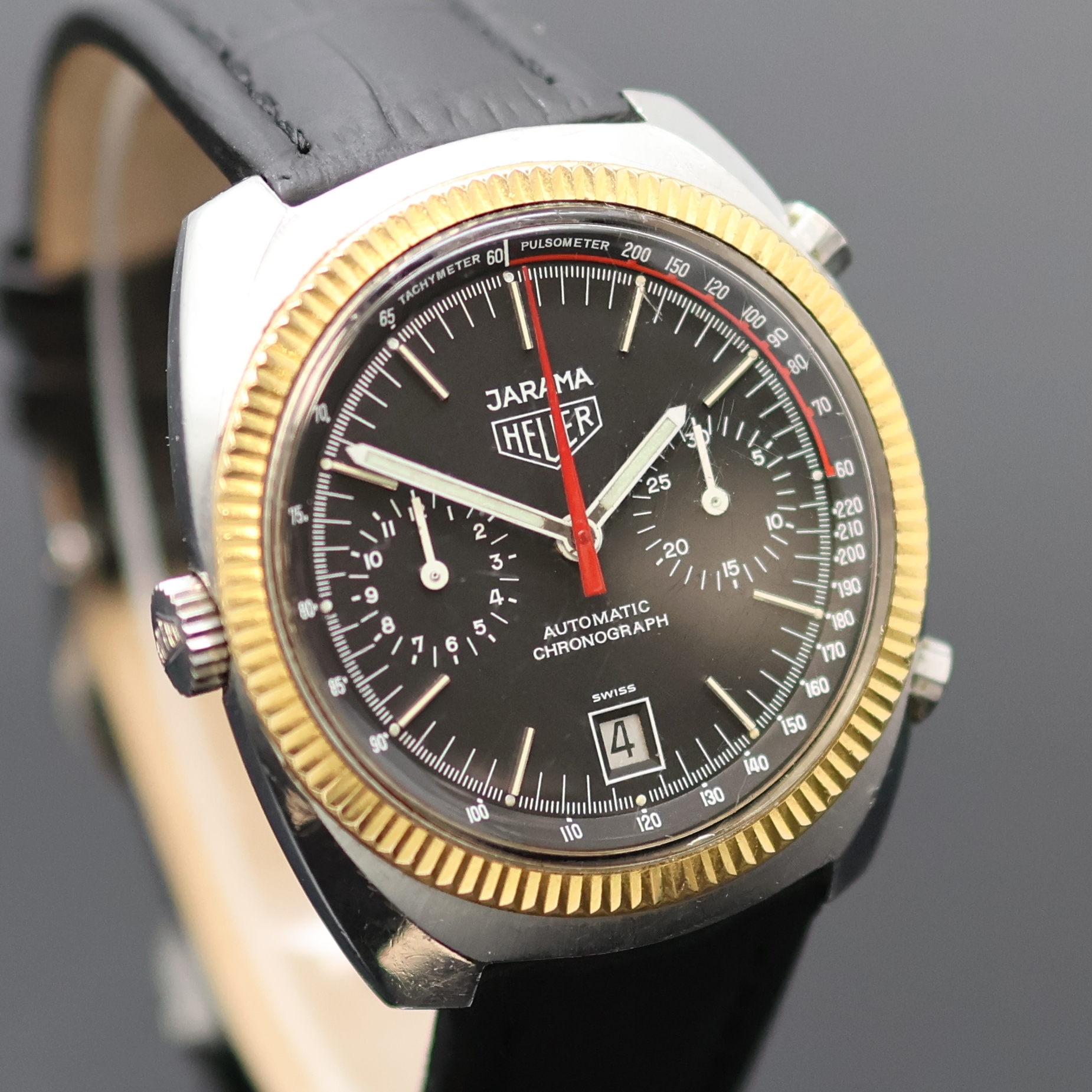 Detail b: HEUER Jarama seltener Armbandchronograph Referenz 110.245, Schweiz um 1981, Automatik, tonneauförmiges Edelstahlgeh., Lünette verg., Boden ...