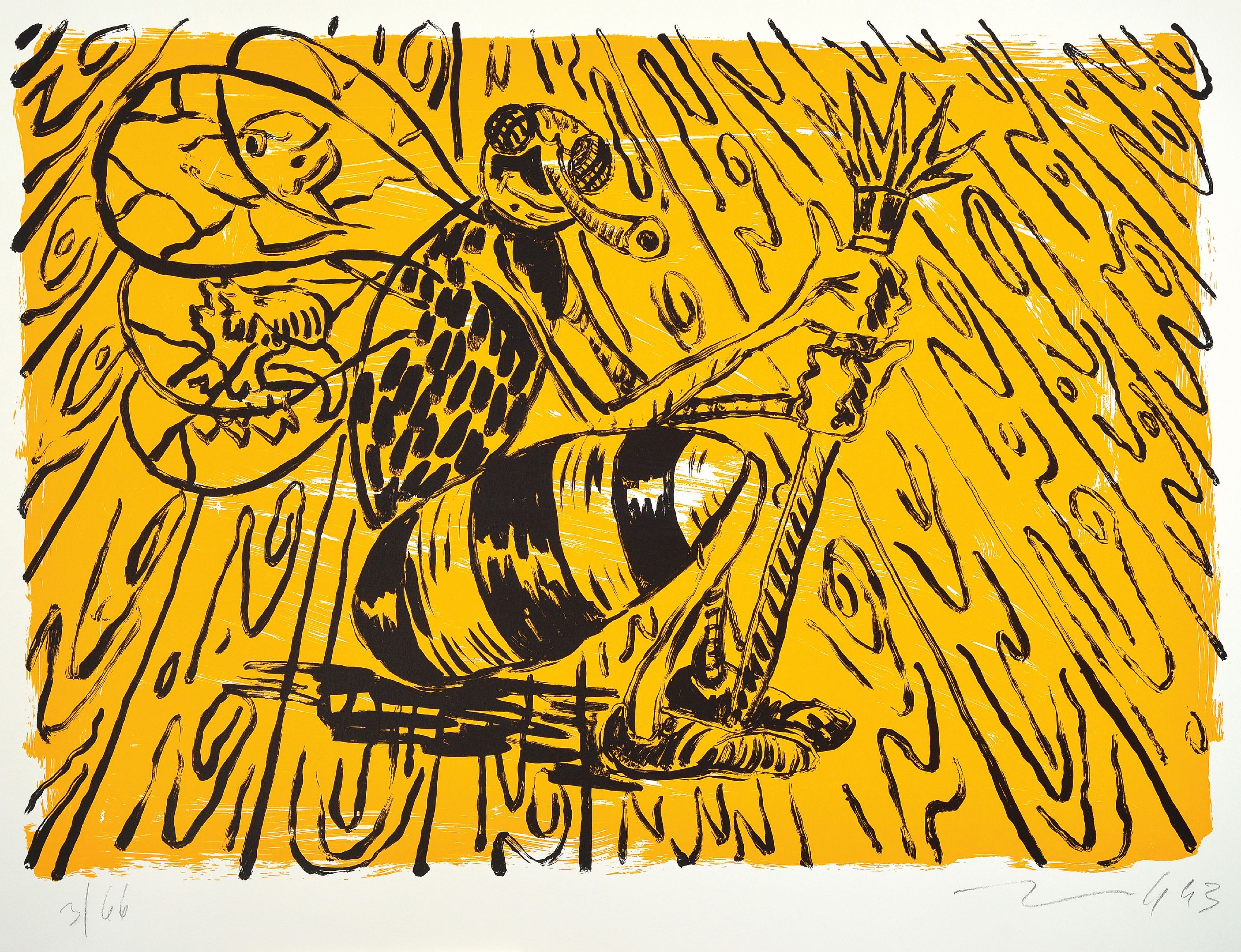 Detail a: Portfolio I, Mappe mit vier Farbsiebdrucken von Penck, Mehner, Immendorff und Böttger, Edition Kunst Parterre Viersen 1993, Titel: Eckhard Böttger ...