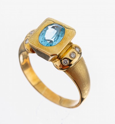 Image 14 kt Gold Topas-Brillant-Ring, GG 585/000,ovalfacett. Blautopas (beh.) ca. 1.20 ct, 6 ...