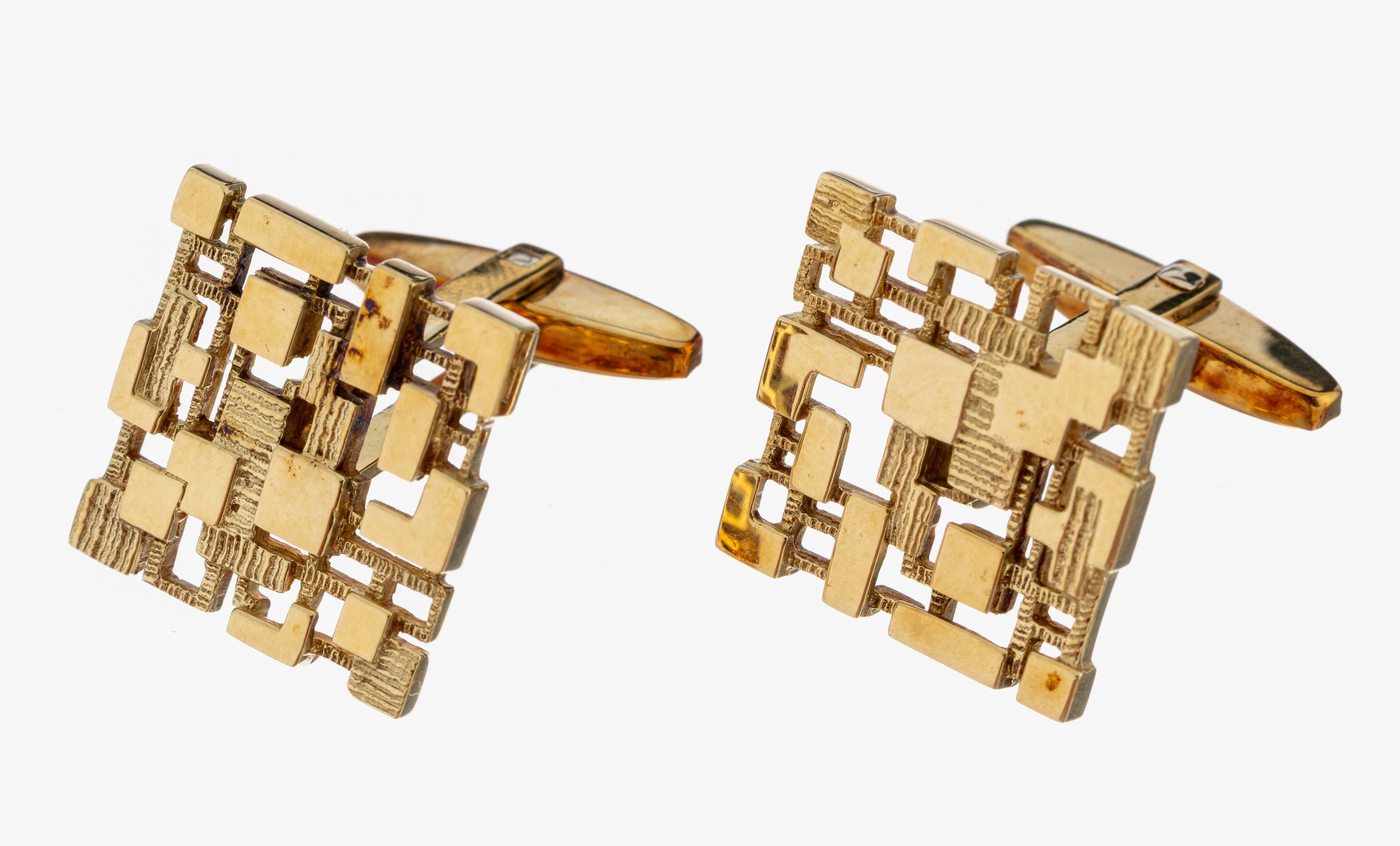 Image 27051122 - Paar 14 kt Gold Manschettenknöpfe, GG 585/000, abstrakt geometrisches Design, part. ...