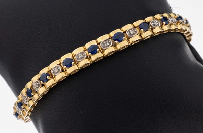 Image 14 kt Gold Saphir-Diamant-Armband, GG 585/000, 20 ovalfacett. Saphire zus. ca. 2.0 ct, ...