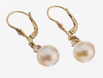 Image Paar 14 kt Gold Perl-Brillant-Ohrhänger, GG585/00, 2 Zuchtperlen, D. ca. 9.5 mm, 2 ...
