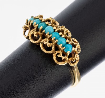 Image 18 kt Gold Türkis-Ring, GG 750/000, Ringkopf aus Voluten, 7 kl. runde Türkis ...