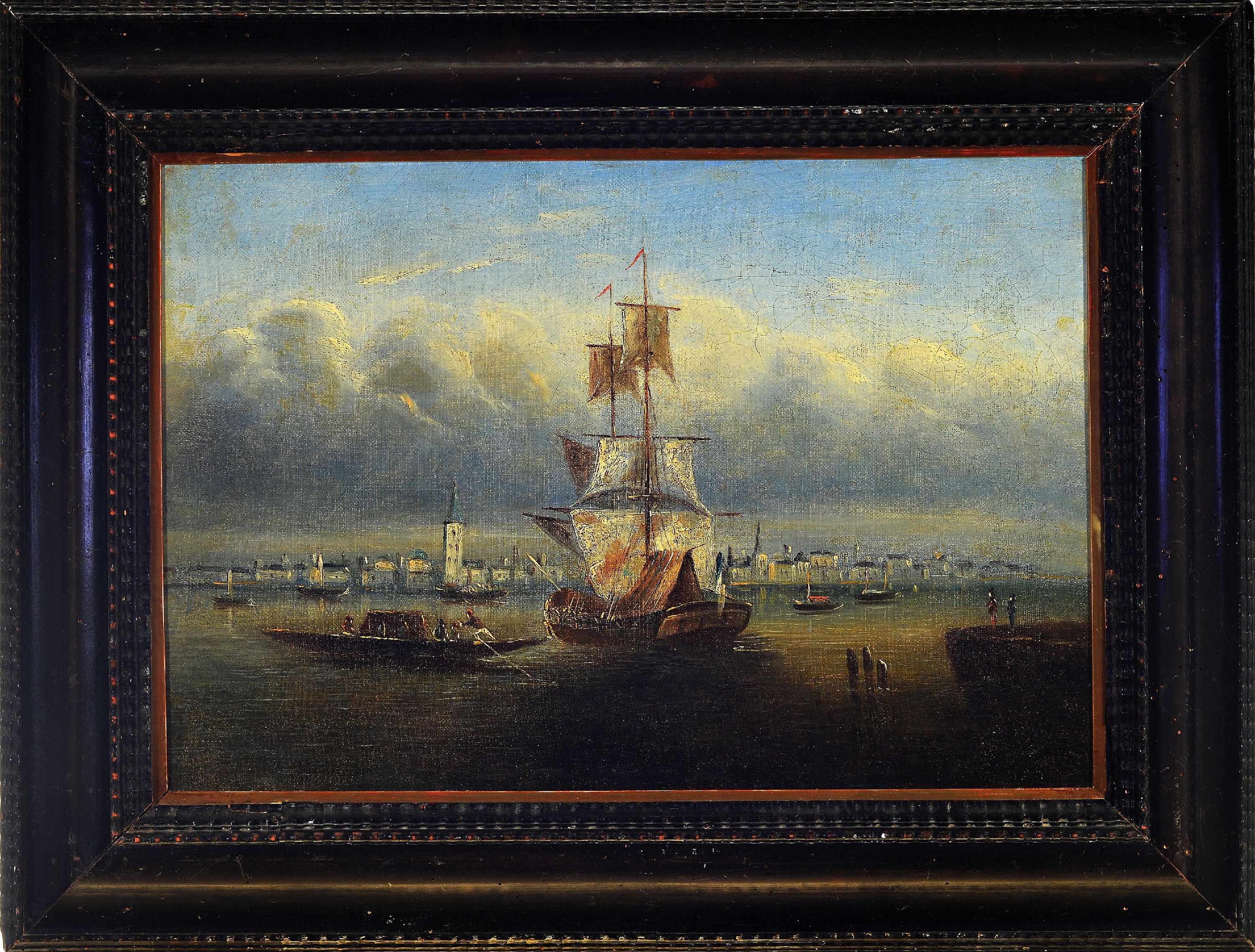 Detail k: Zuschreibung: Abraham Storck, 1644-1708 Amsterdam, maritime Landschaft Segelschiff vor Hafensilhouette, restauriert und doubliert, Sammlungsstempel ...