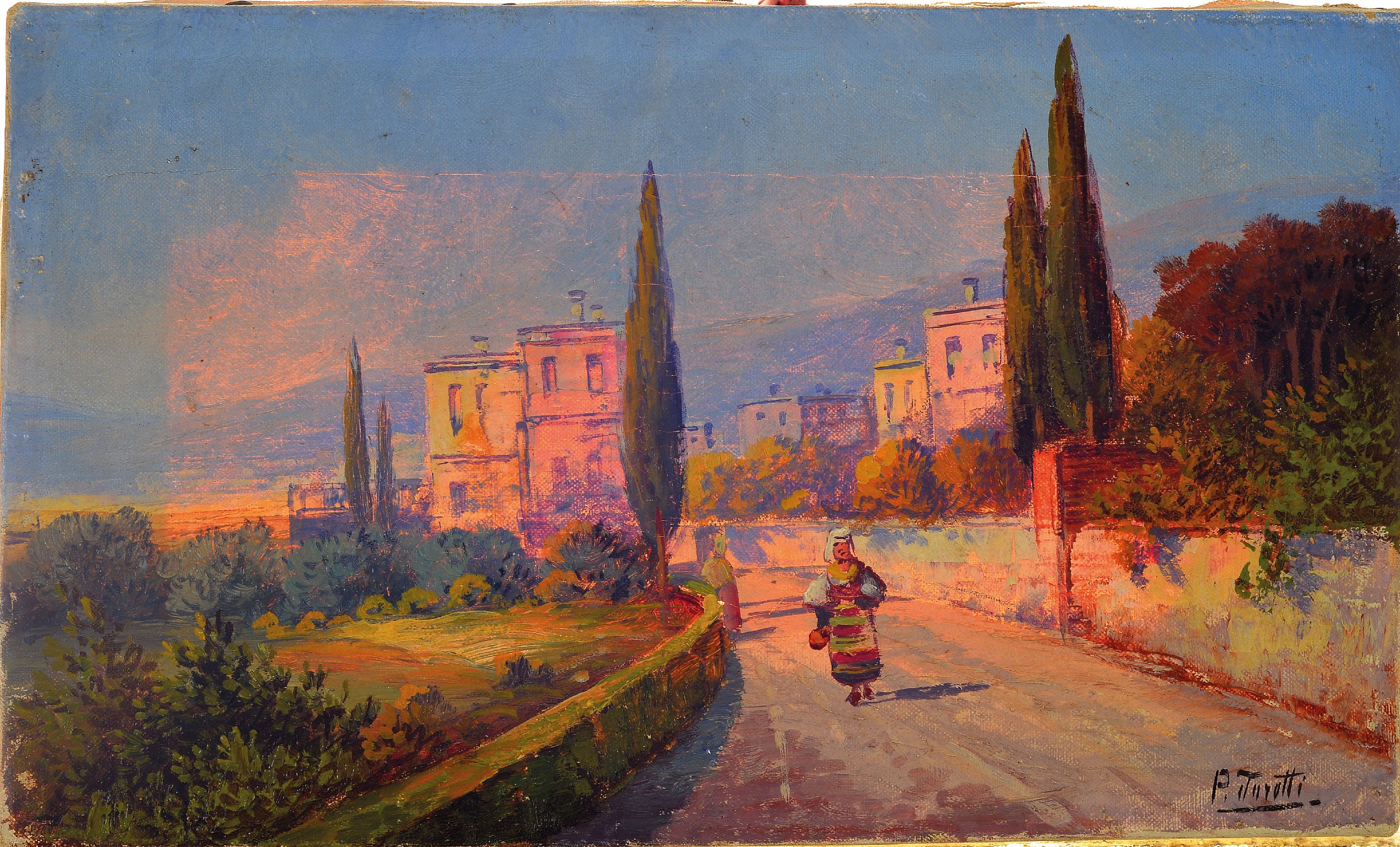 Detail k: Pietro Toretti, 1888-1927, italienische Dorfstraße mit Händlerin, rechts unten signiert, Öl/Lwd, ungerahmt, 19x31 cm