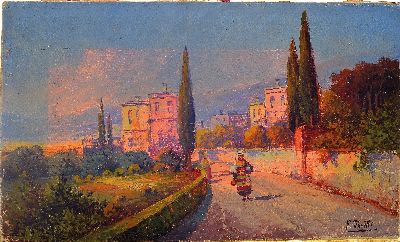 27051264k - Pietro Toretti, 1888-1927, italienische Dorfstraße mit Händlerin, rechts unten ...
