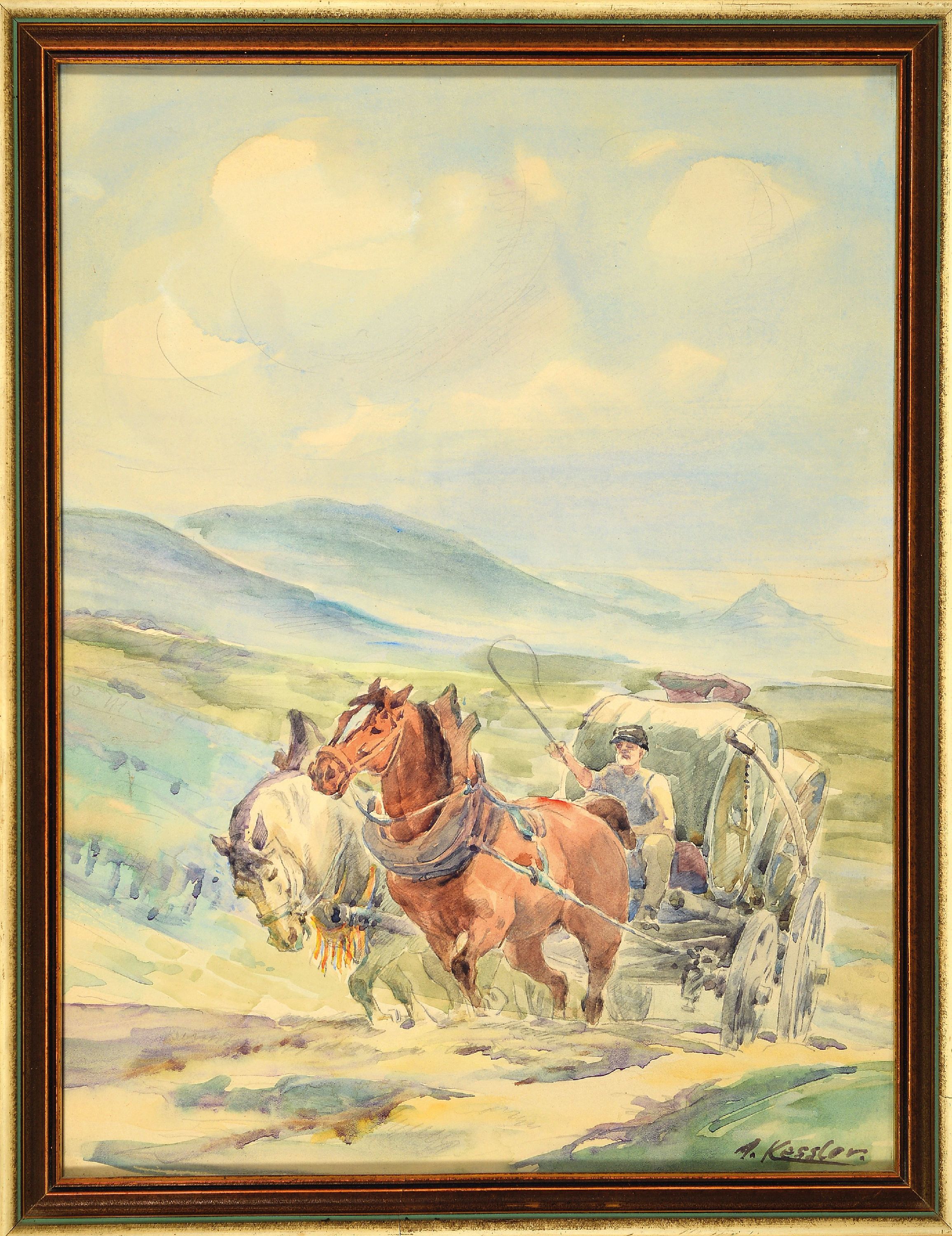 Detail k: Adolf Kessler, 1890 Godramstein-1974 Landau, Aquarell, Pferdefuhrwerk mit Mostlotten, rechts unten signiert, unter Glas gerahmt 40x31 cm