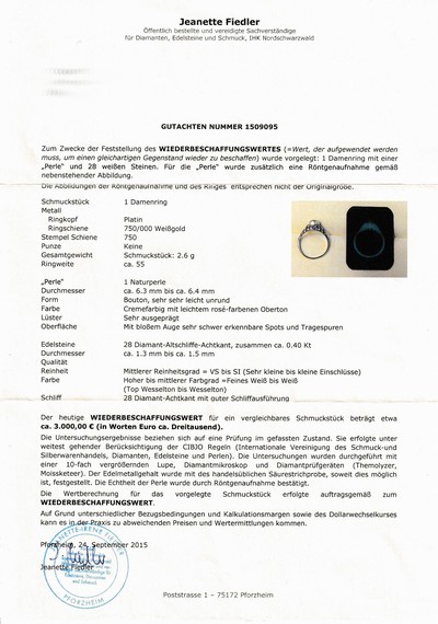 27051464a - Platin und 18 kt Gold Perl-Diamant-Ring, Pt. und WG 750/000, mittig eine boutonförm. ...