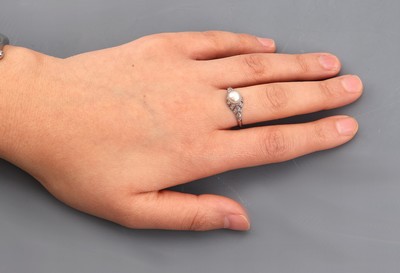 27051464g - Platin und 18 kt Gold Perl-Diamant-Ring, Pt. und WG 750/000, mittig eine boutonförm. ...