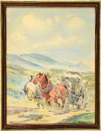 27051467k - Adolf Kessler, 1890 Godramstein-1974 Landau, Aquarell, Pferdefuhrwerk mit Mostlotten, ...