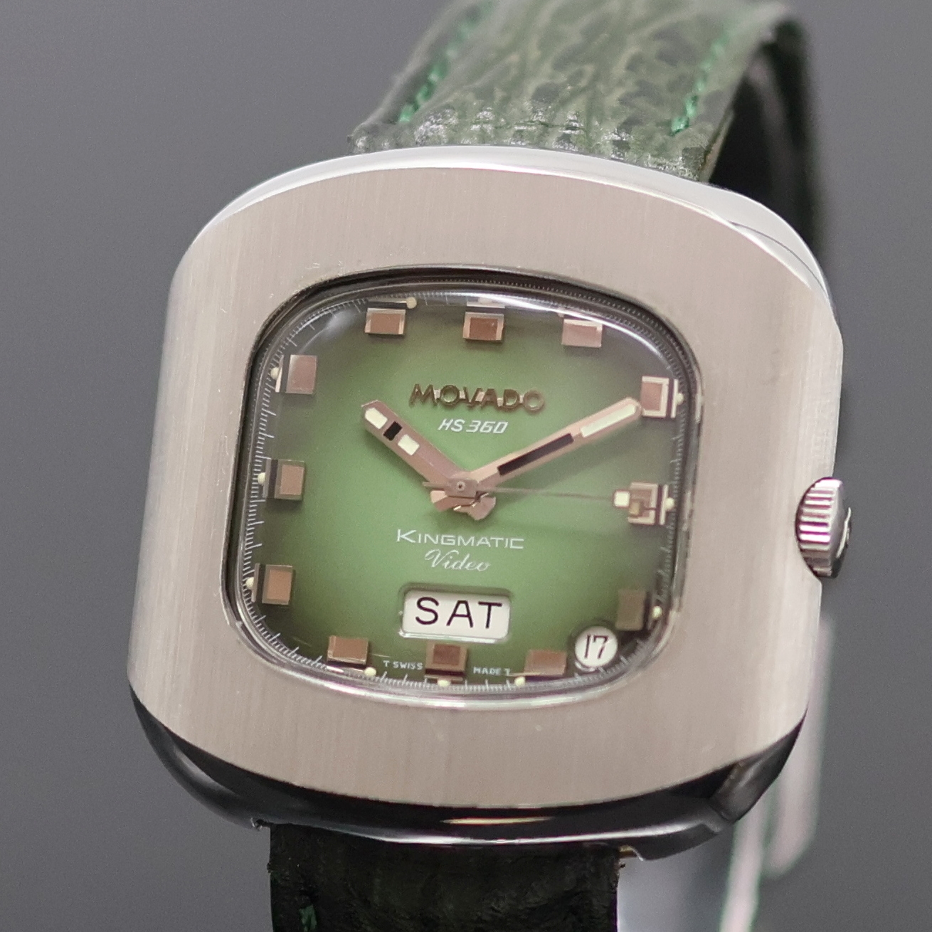 Detail a: MOVADO Kingmatic Video HS 360 Armbanduhr in Stahl, Schweiz um 1975, Automatik, matt. Geh., Boden verschr., grünes Zifferbl. m. aufges. Std.-Ind., ...