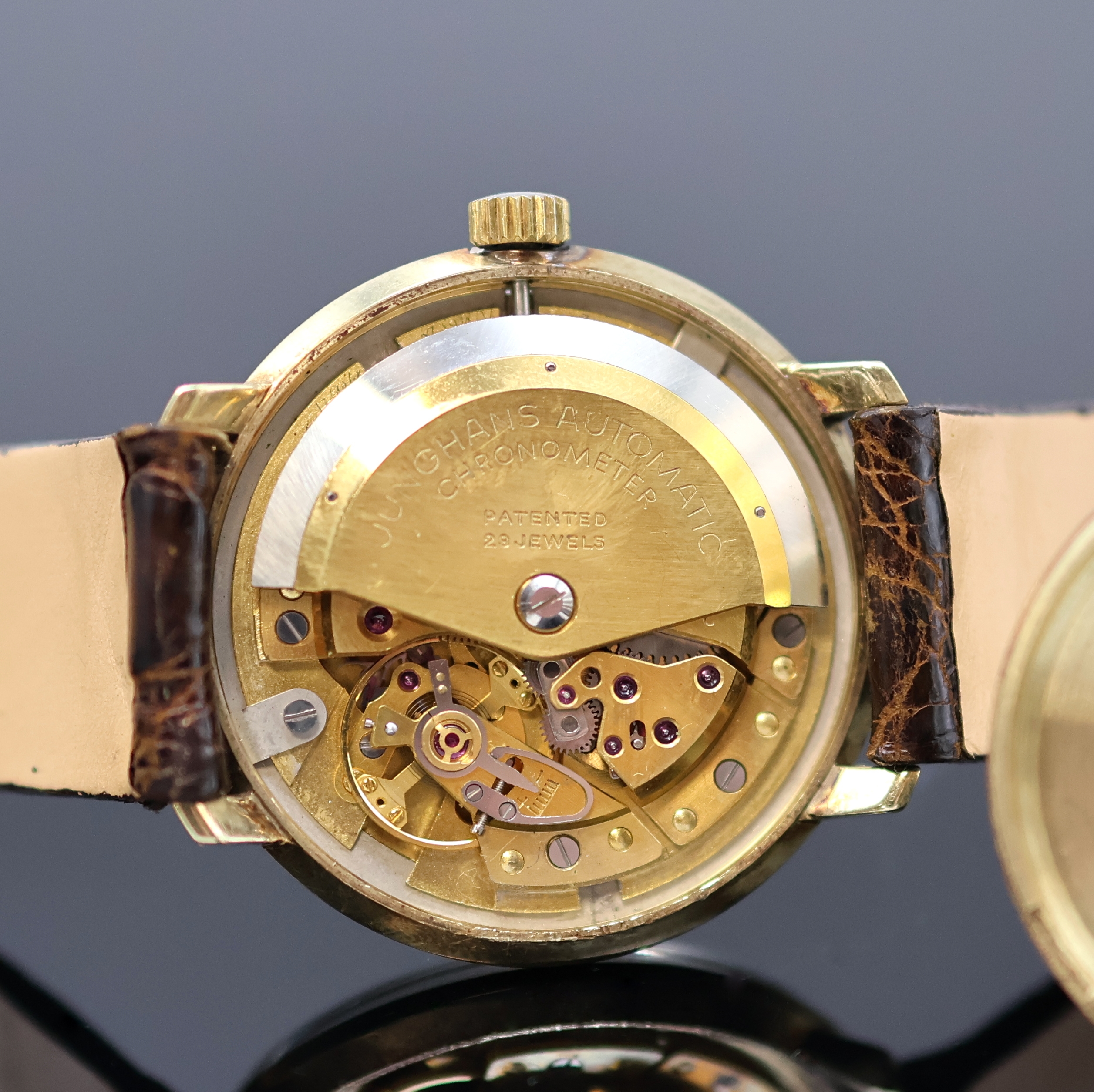Detail f: JUNGHANS Armbandchronometer in GG 585/000 mit Kaliber 83/S, Deutschland um 1965, Automatik, Junghans Lederband m. verg. Dornschl., Boden gedr., silb. ...