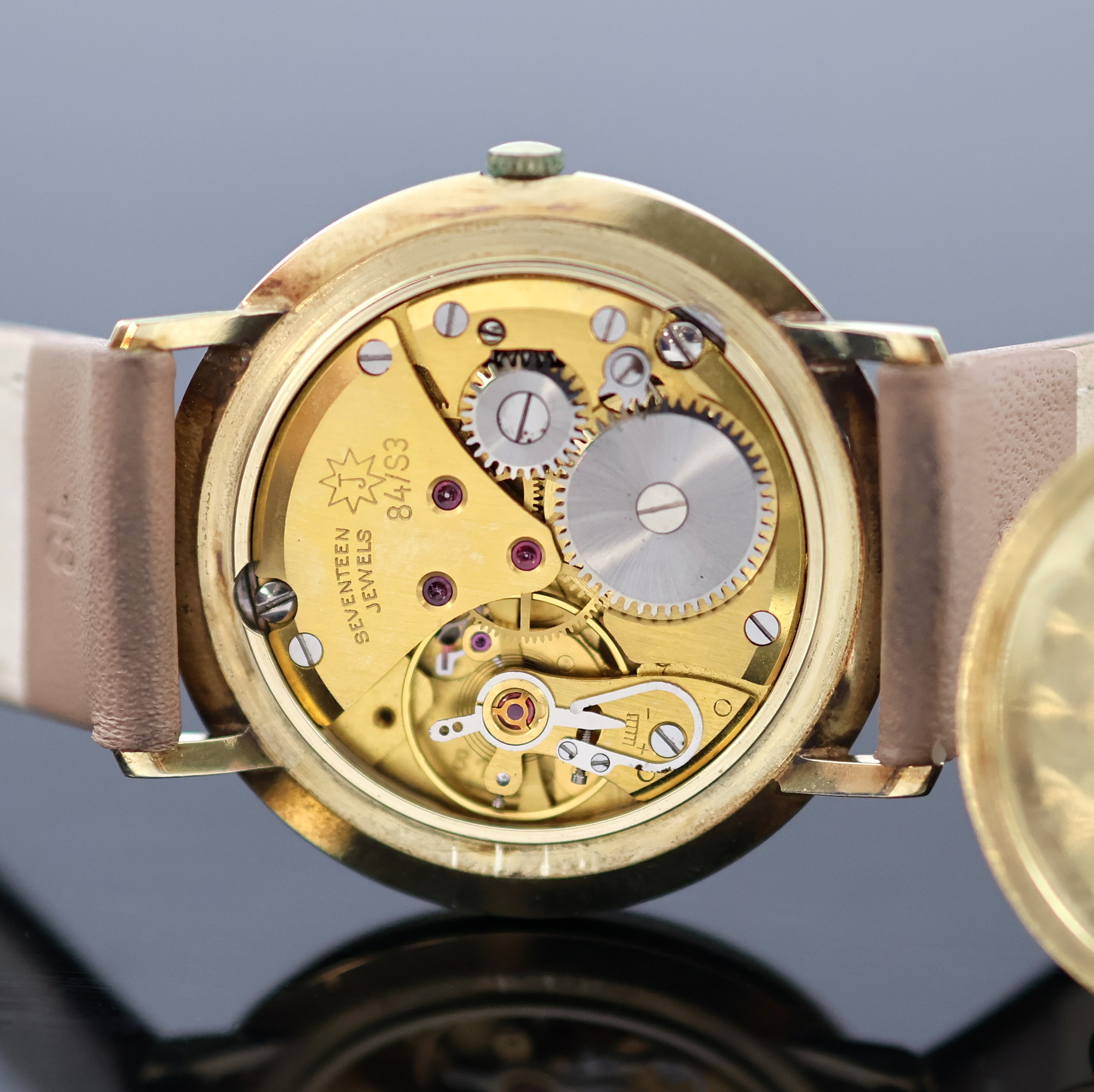Detail f: JUNGHANS Meister Armbanduhr in GG 585/000, Deutschland um 1965, Handaufzug, Junghans Lederband m. verg. neutr. Dornschl., Boden aufgedr., silb. ...