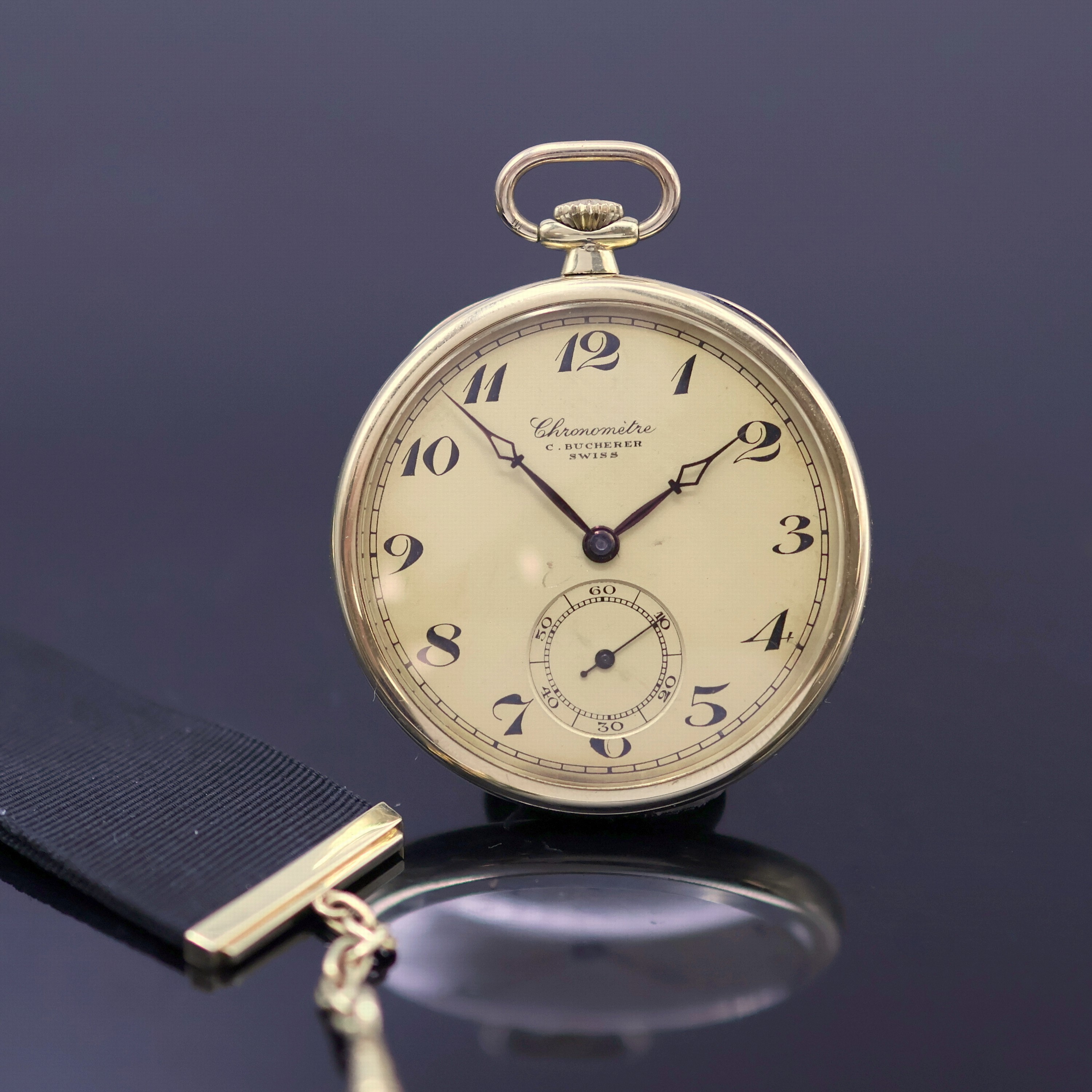 Image 27051555 - BUCHERER Chronometer offene Taschen-/Frackuhr in GG 585/000 mit Chatelain in GG 585/000, ...