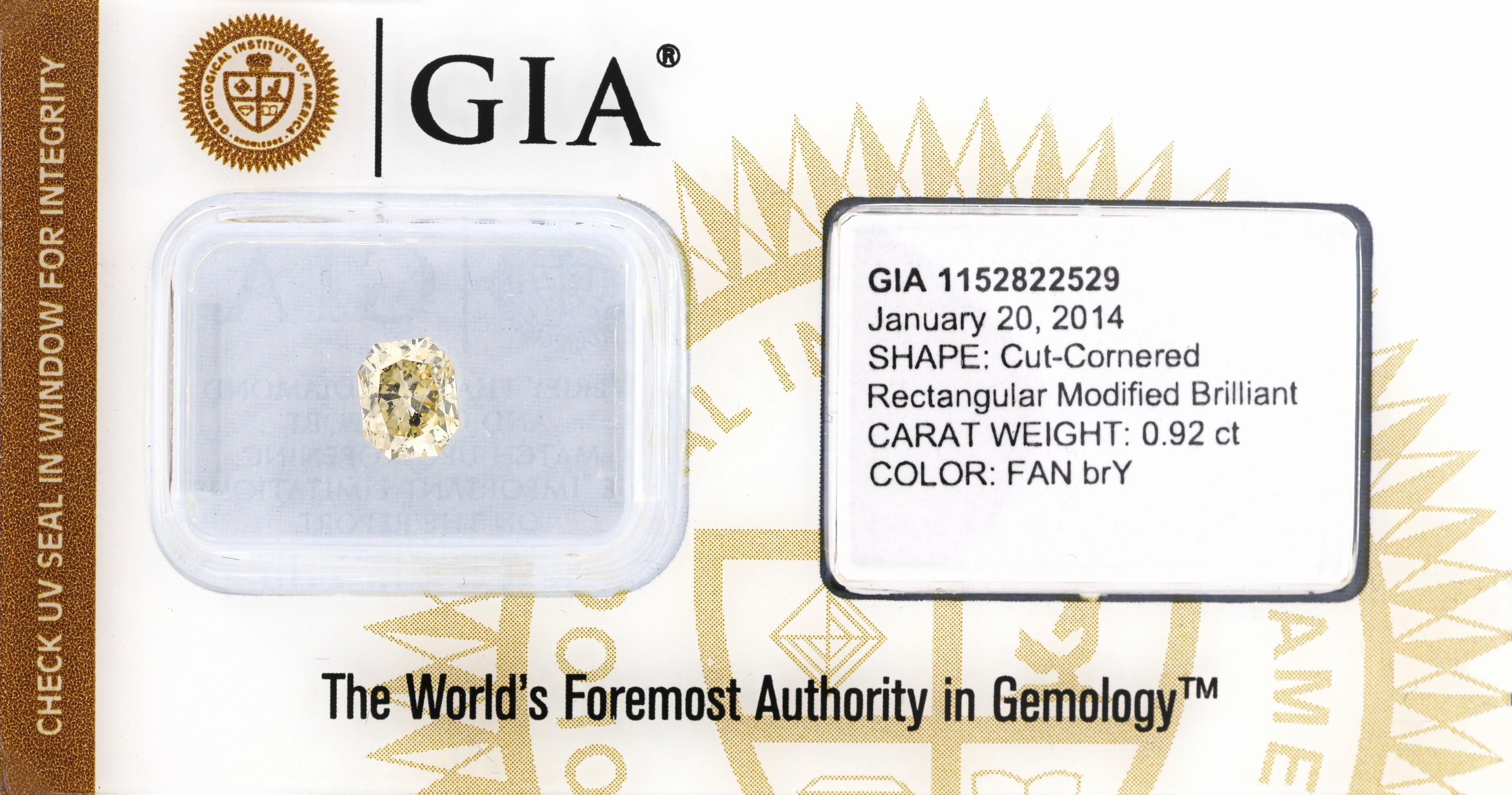 Image 27051572 - Loser Diamant, 0.92 ct Natural Fancy Brownish Yellow, Cut-Cornered Rectangular Modified ...