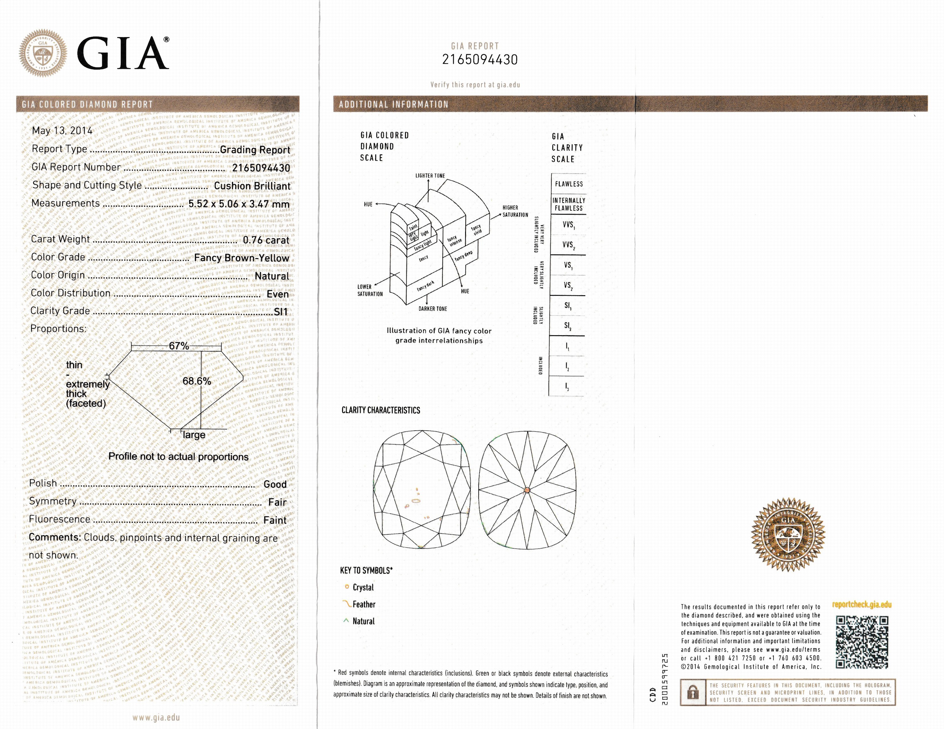 Detail a: Loser Diamant, Radiant, 0.76 ct Natural Fancy Brown-Yellow/si1, 5.52 x 5.06 x 3.47 mm, eingeschweißt, GIA-Expertise