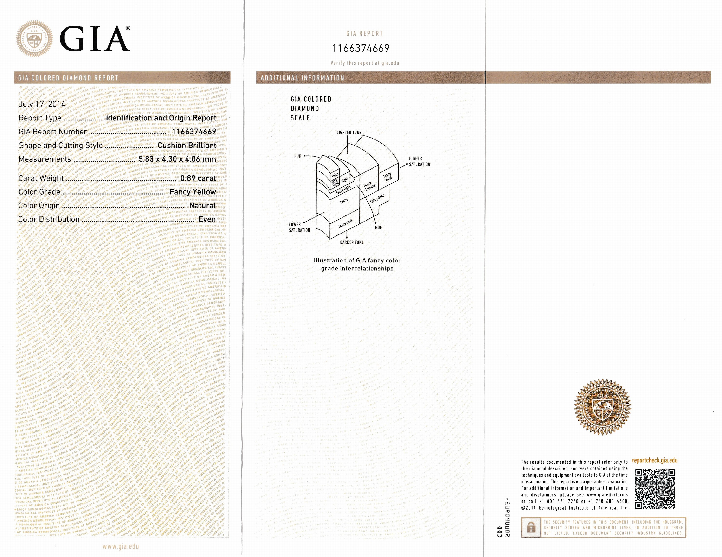 Detail a: Loser Diamant, Cushion Brillant, 0.89 ct Natural Fancy Yellow, eingeschweißt, IGI -Expertise