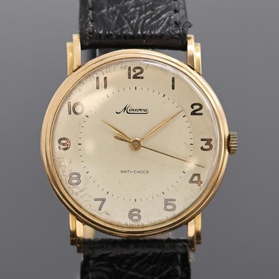 27051547a - MINERVA Armbanduhr in RG 750/000 mit Kaliber 49, Schweiz um 1955, Handaufzug, Boden ...