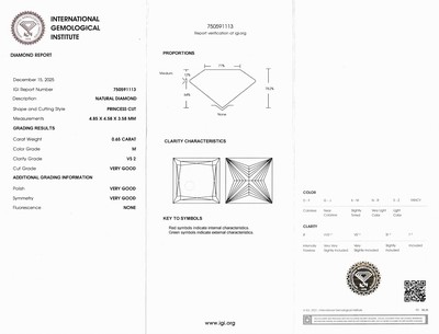 27051570a - Loser Princess Cut Diamant, ca. 0.65 ct Getönt(M)/vs2, eingeschweißt, mit IGI-Expertise ...