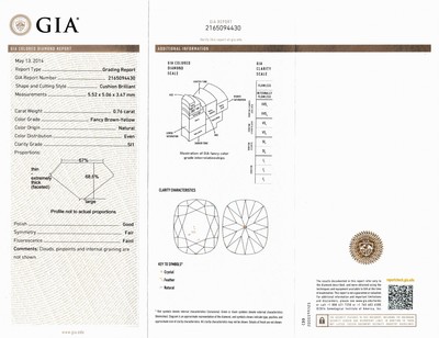 27051574a - Loser Diamant, Radiant, 0.76 ct Natural Fancy Brown-Yellow/si1, 5.52 x 5.06 x 3.47 mm, ...