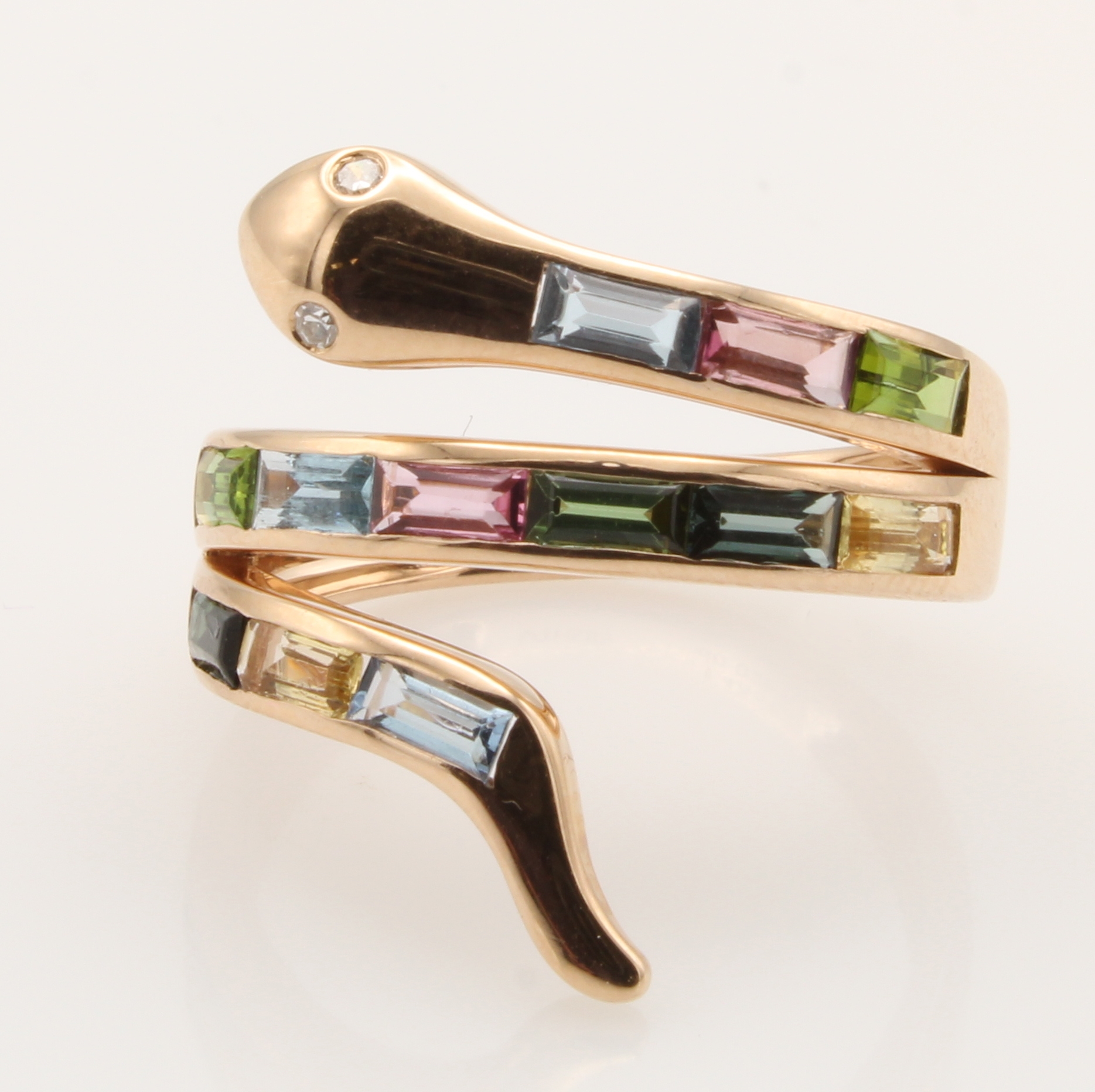 Image 27051620 - Ring ´Schlange´ mit Brillanten und Farbsteinen, RoséG 585/000, 2 Brill. als Augen gef. ...